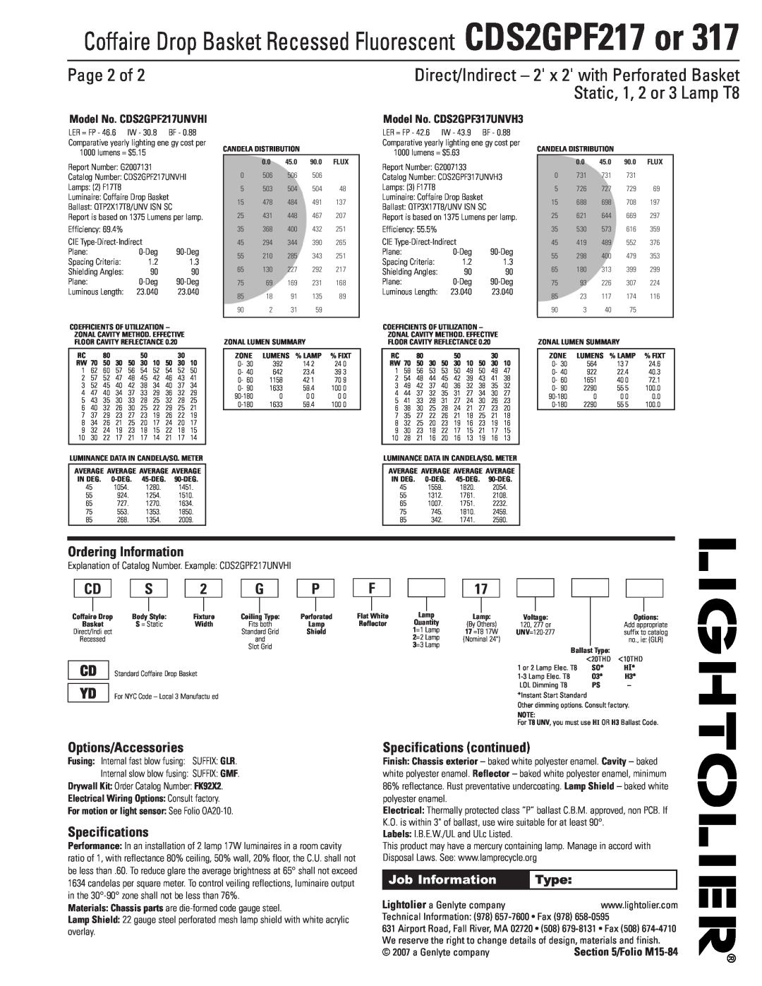 Lightolier CDS2GPF317 Page 2 of, Ordering Information, Options/Accessories, Specifications continued, Job Information 