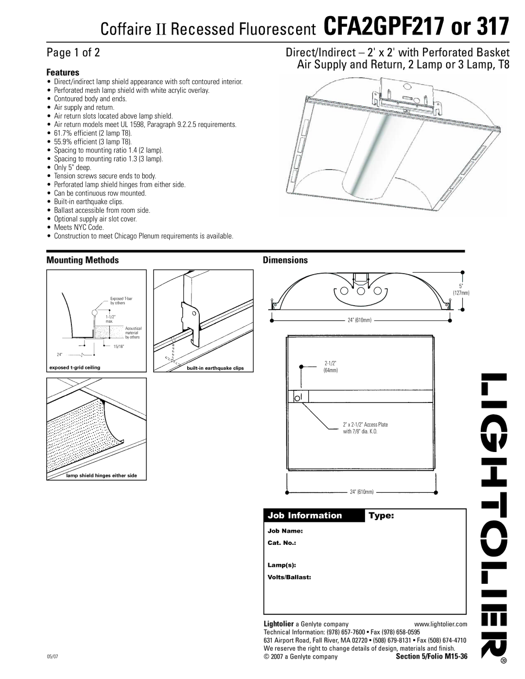 Lightolier CFA2GPF217 or 317 dimensions Features, Mounting Methods, Dimensions, Genlyte company 