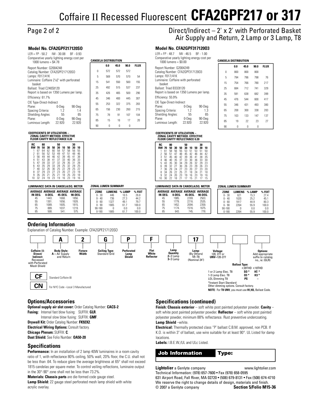 Lightolier CFA2GPF217 or 317 dimensions Ordering Information, Options/Accessories Specifications, Model No. CFA2GPF217120SO 