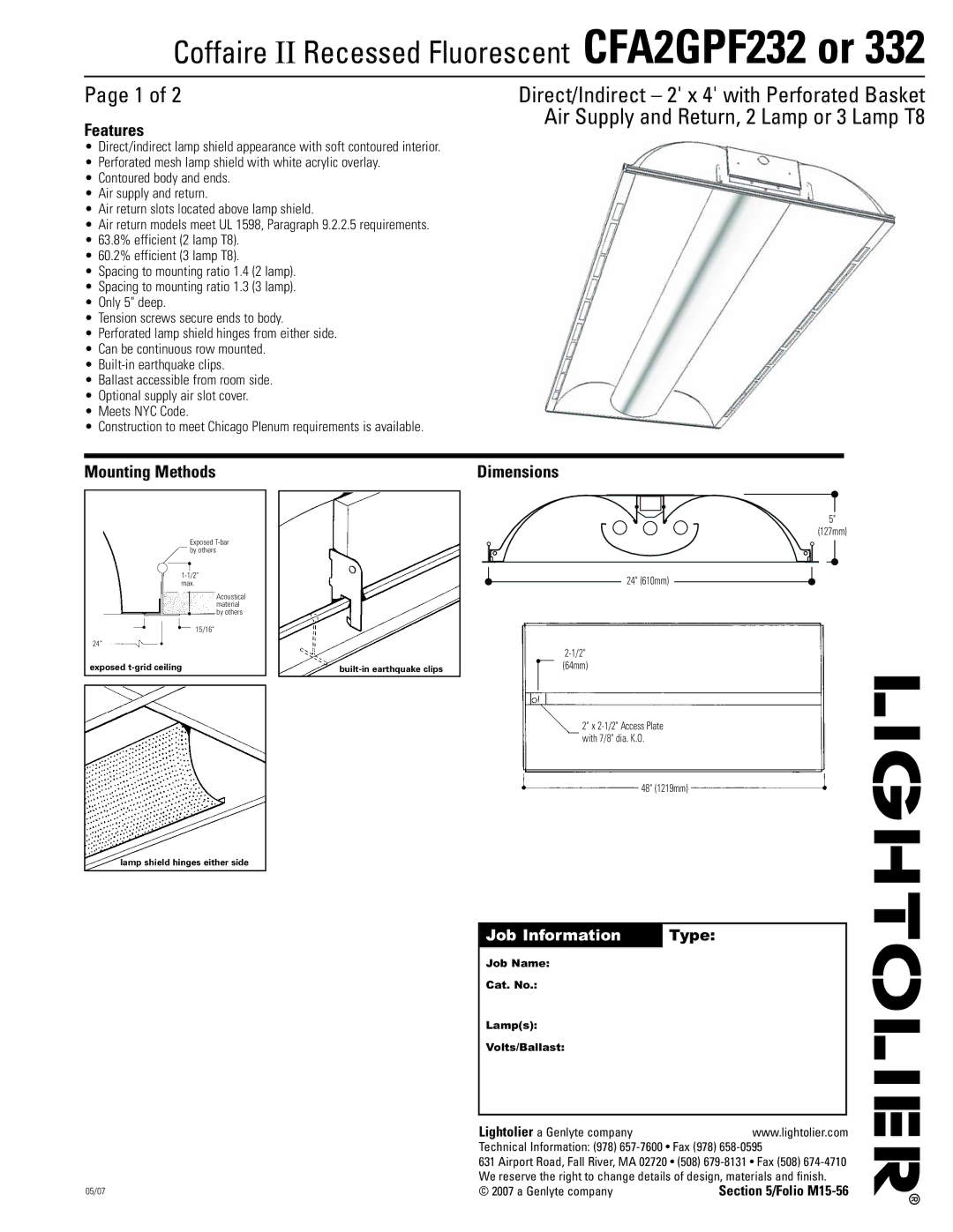 Lightolier CFA2GPF332, CFA2GPF232 dimensions Features, Mounting Methods, Dimensions, Job Information Type, Genlyte company 