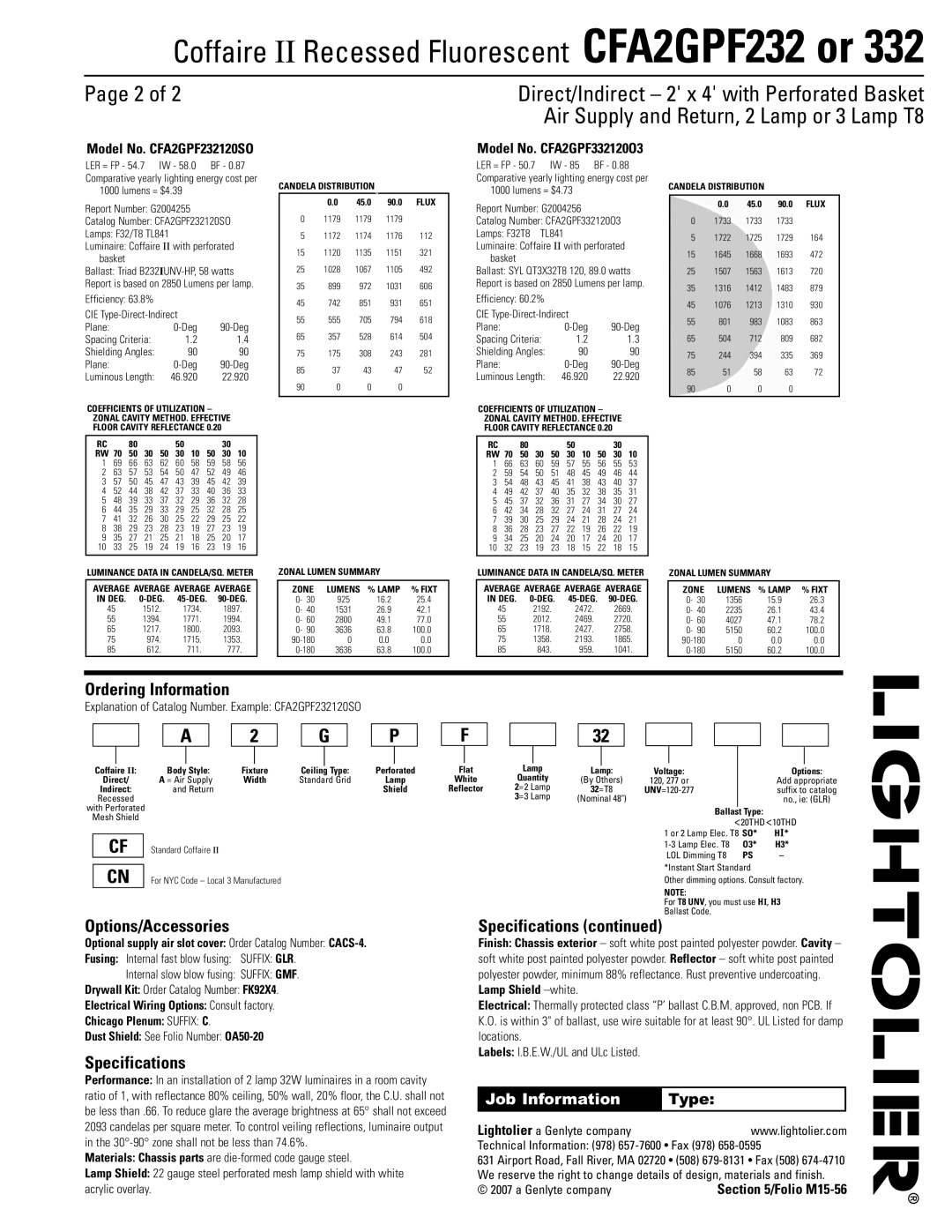 Lightolier CFA2GPF232, CFA2GPF332 dimensions Ordering Information, Options/Accessories, Specifications, Job Information 