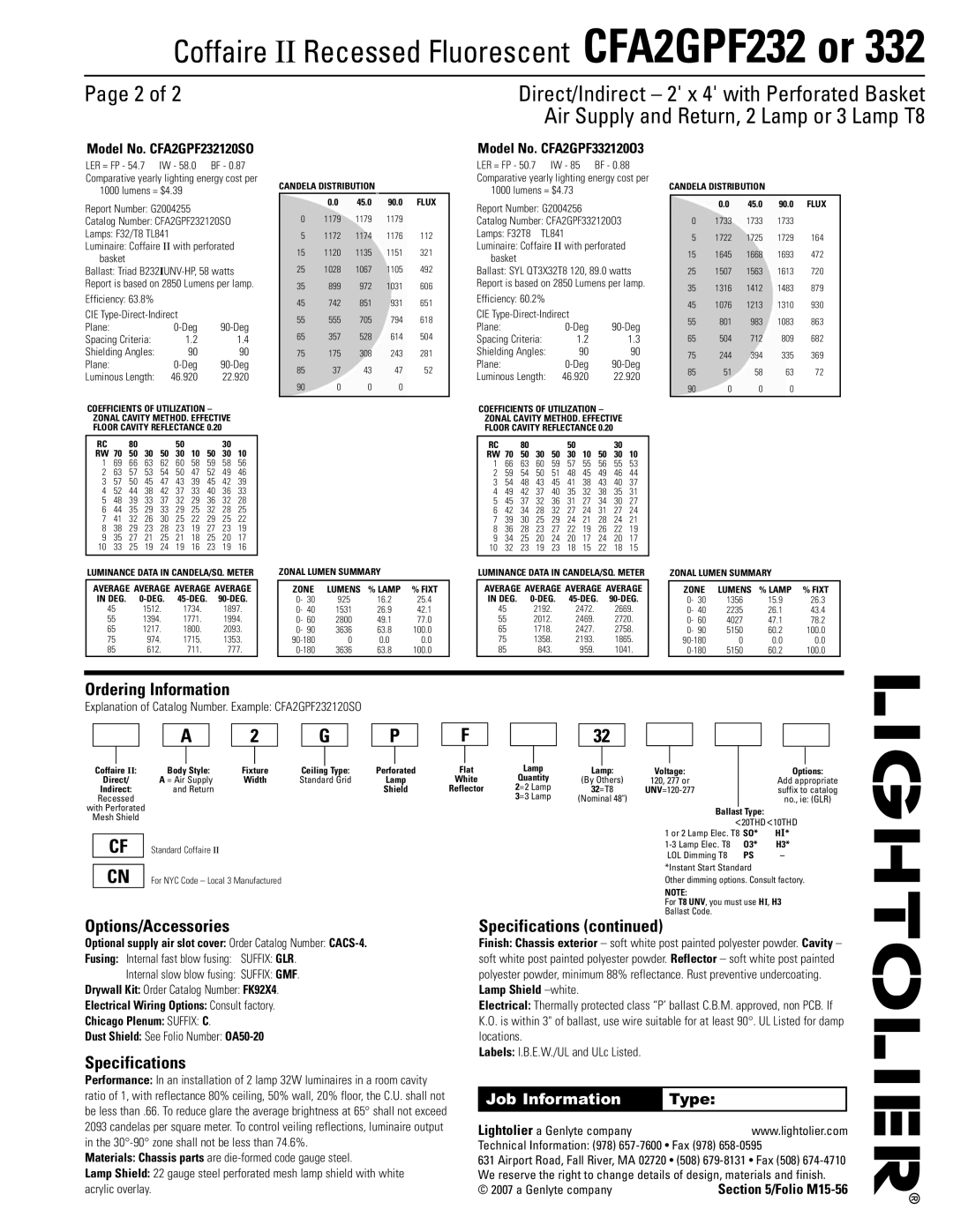 Lightolier CFA2GPF232 Page 2 of, Ordering Information, Options/Accessories, Specifications continued, Job Information 
