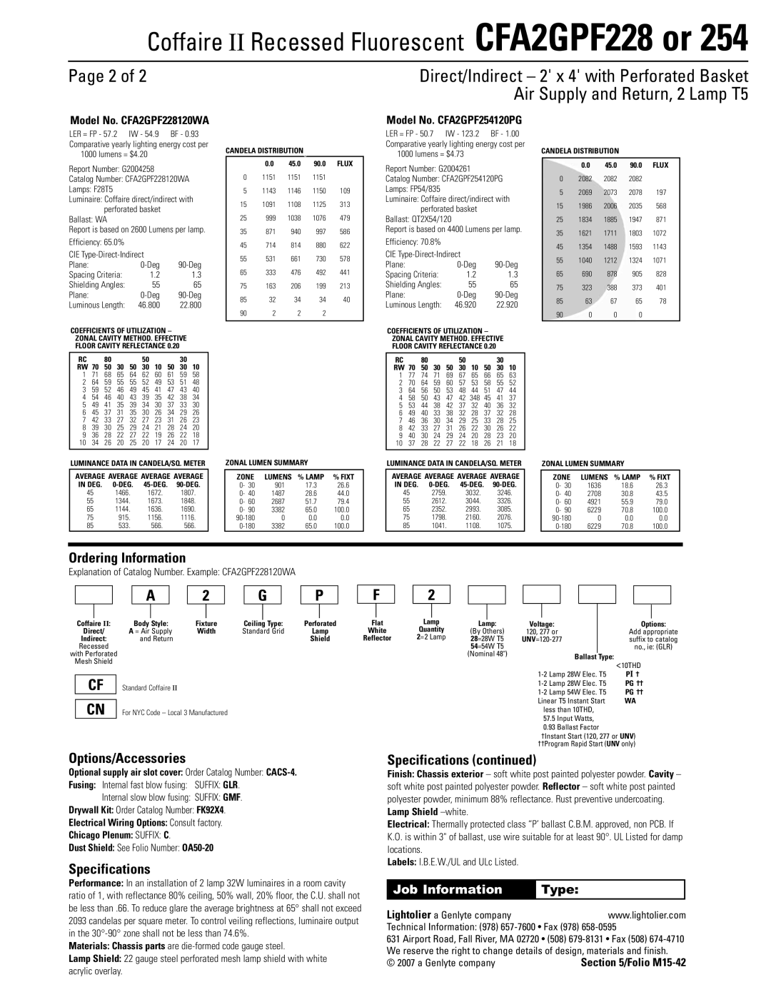 Lightolier CFA2GPF254, CFA2GPF228 dimensions Ordering Information, Options/Accessories, Specifications 