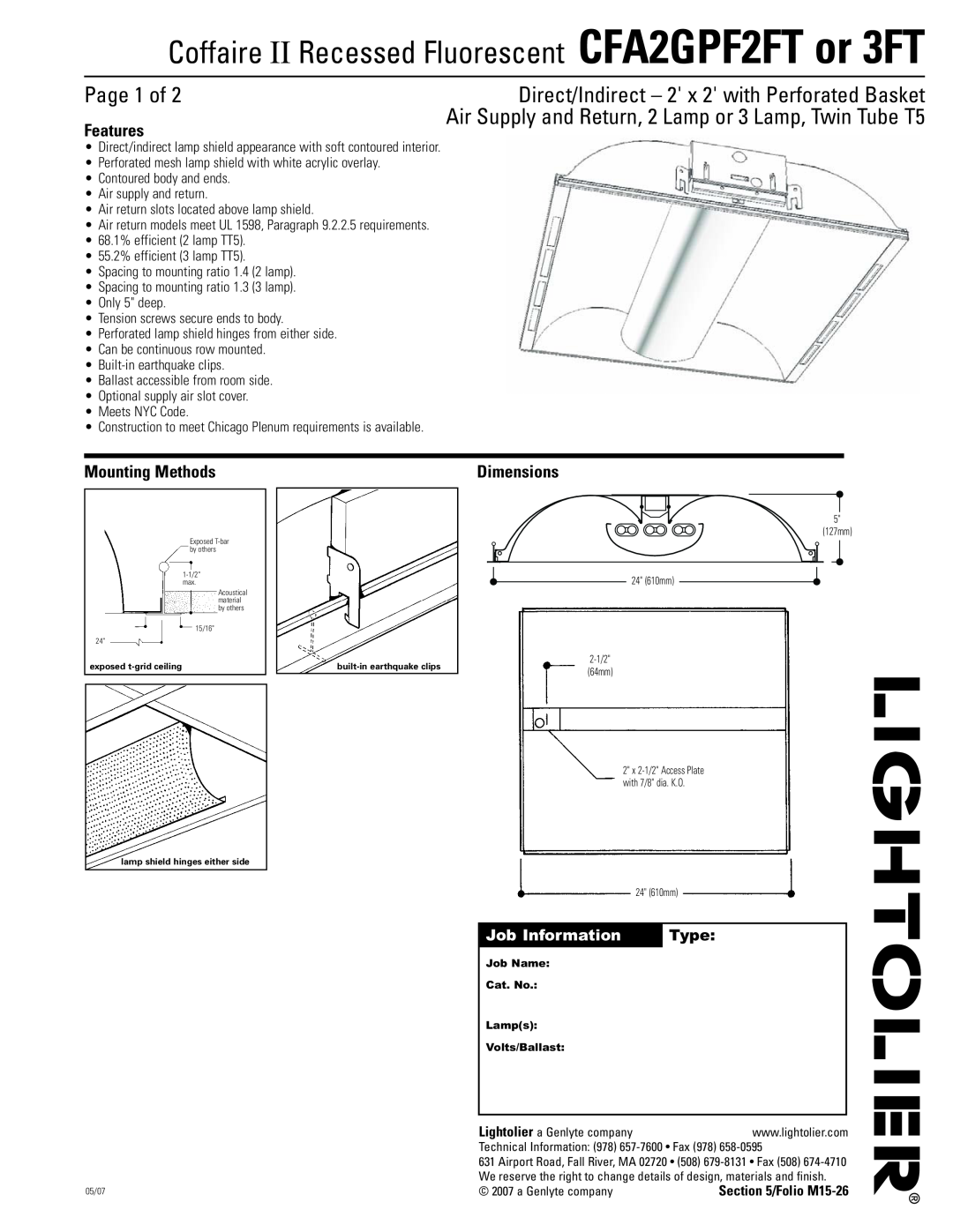 Lightolier CFA2GPF3FT, CFA2GPF2FT dimensions Page 1 of, Features, Mounting Methods, Dimensions, Job Information, Type 