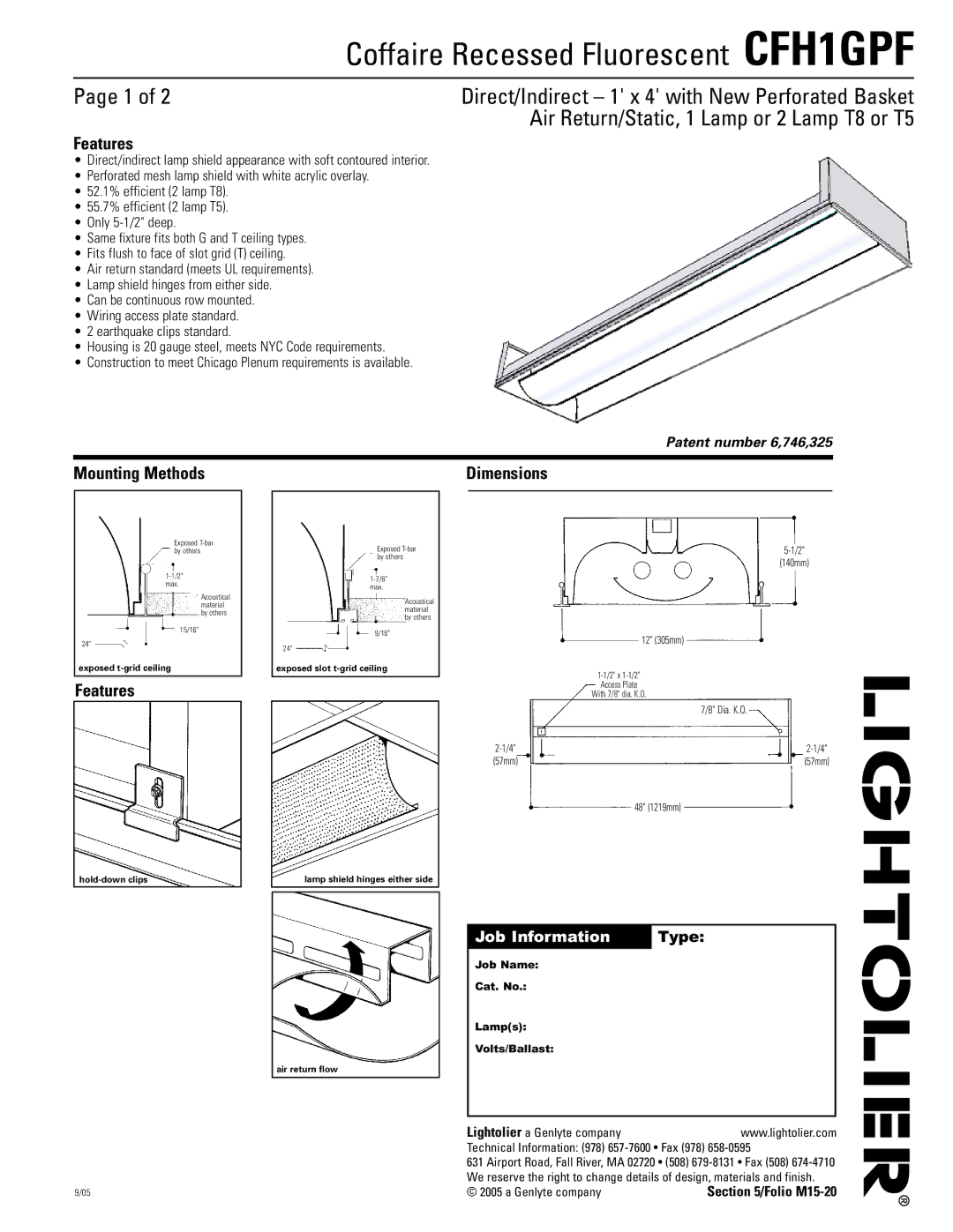 Lightolier CFH1GPF dimensions Features, Mounting Methods Dimensions, Genlyte company 