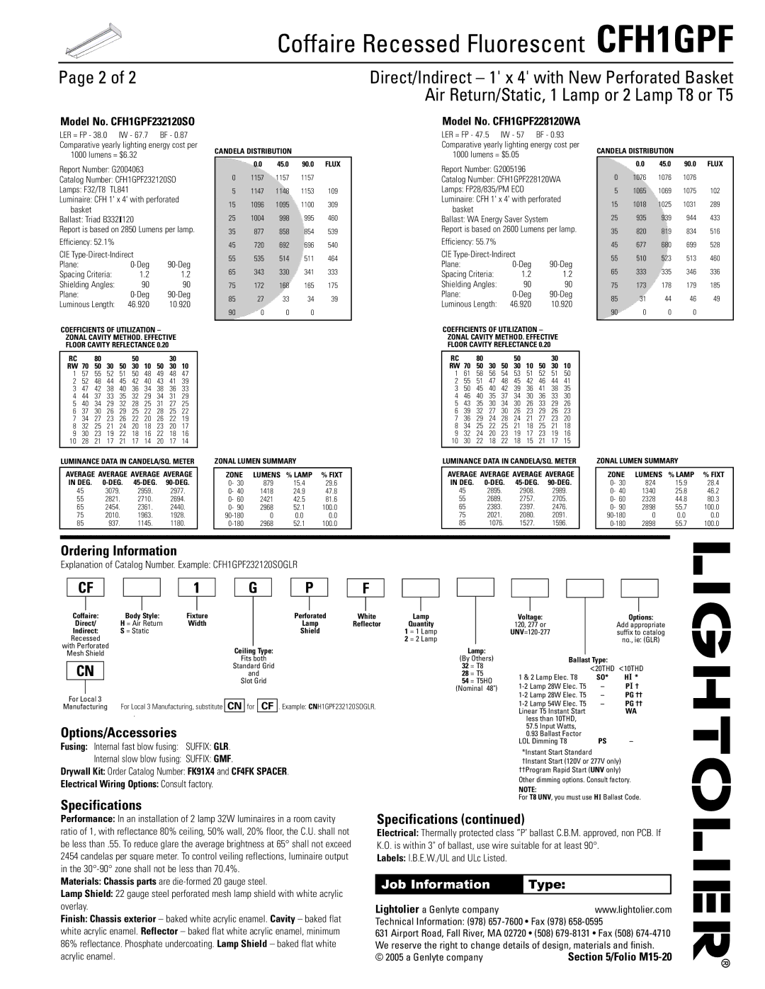 Lightolier dimensions Ordering Information, Specifications, Model No. CFH1GPF232120SO, Model No. CFH1GPF228120WA 