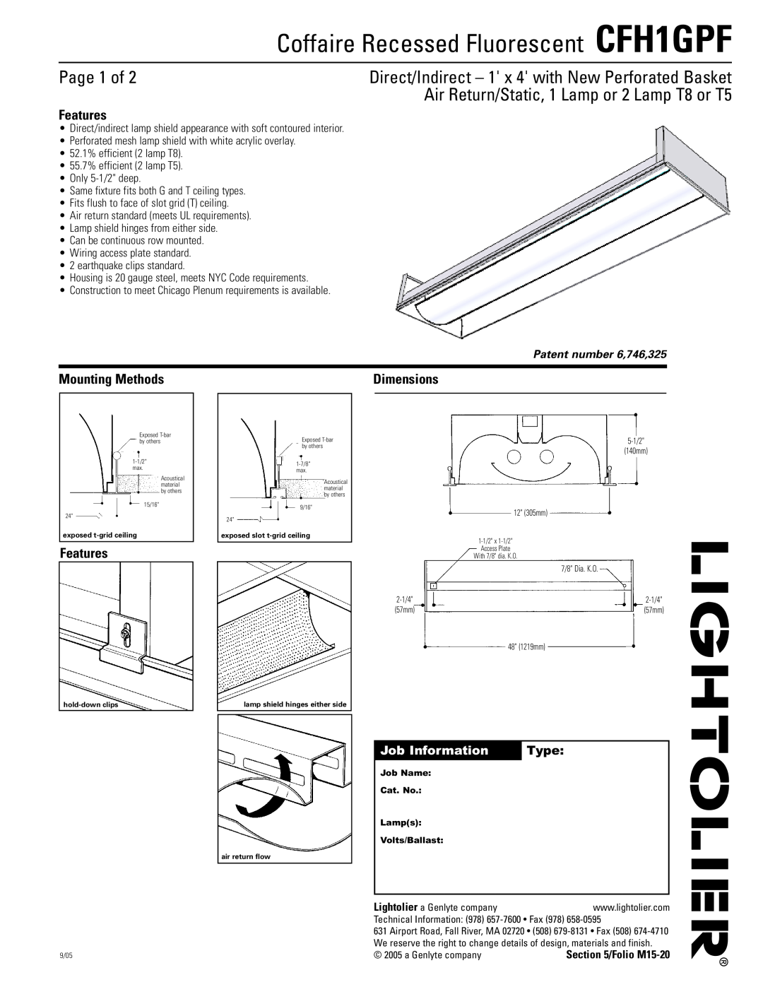 Lightolier dimensions Coffaire Recessed Fluorescent CFH1GPF, Page 1 of, Features, Mounting Methods, Dimensions 