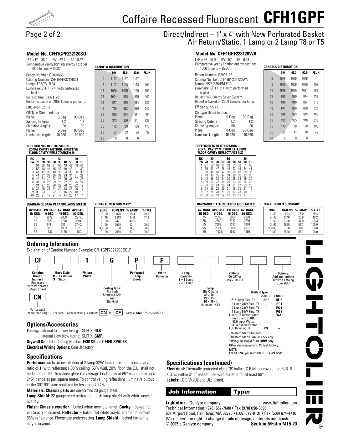 Lightolier CFH1GPF dimensions Page 2 of, Ordering Information, Specifications continued, Job Information, Type 