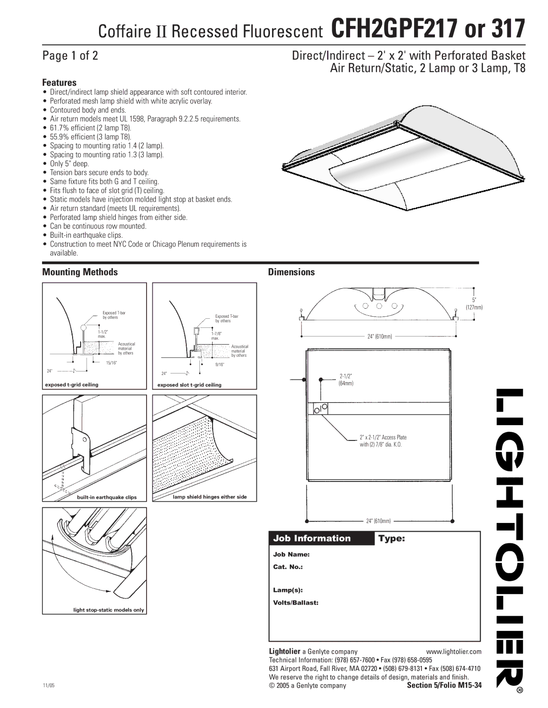 Lightolier CFH2GPF217 or 317 dimensions Features, Mounting Methods, Job Information Type, 127mm 24 610mm 64mm 