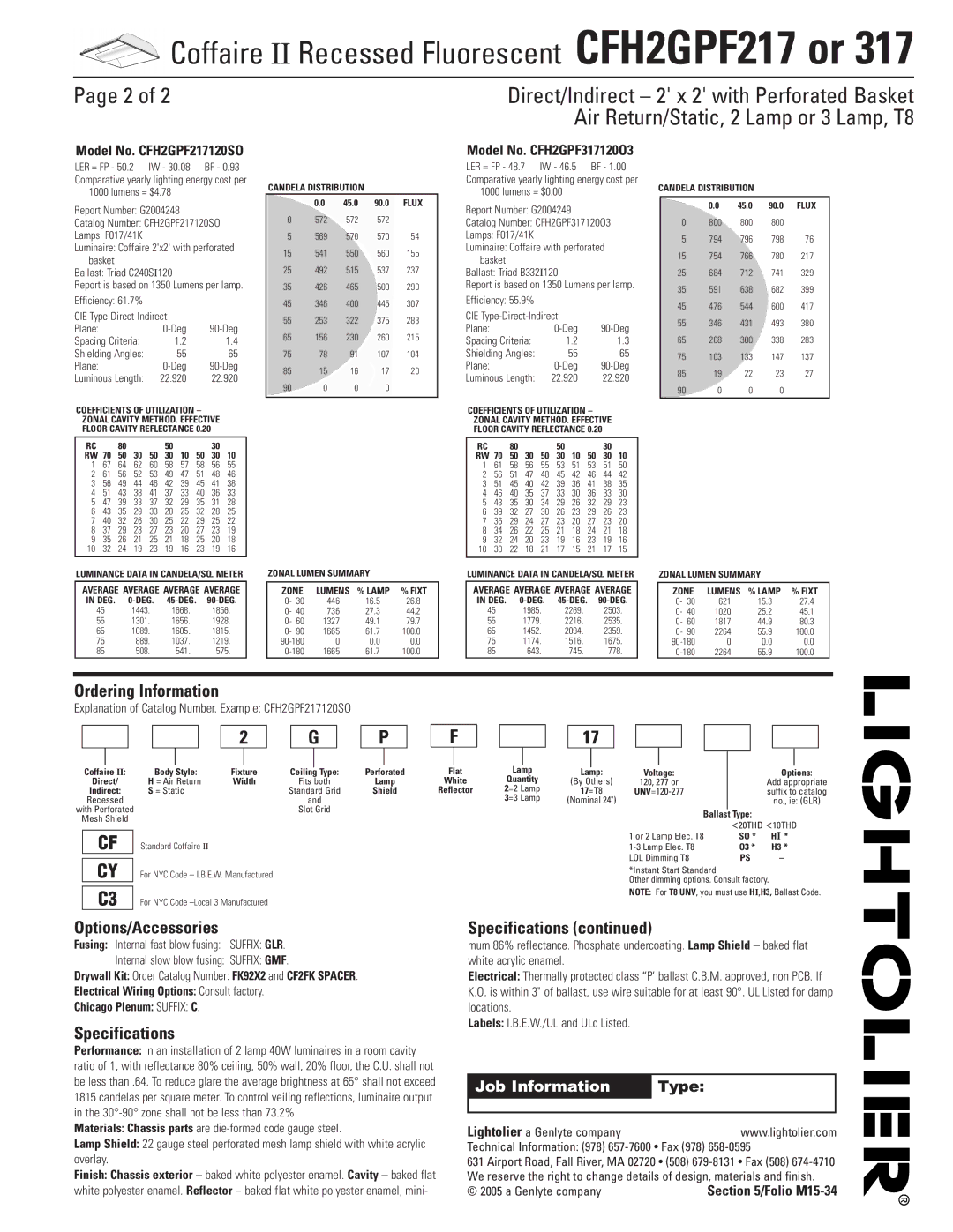 Lightolier CFH2GPF217 or 317 dimensions Ordering Information, Options/Accessories, Specifications, Job Information 