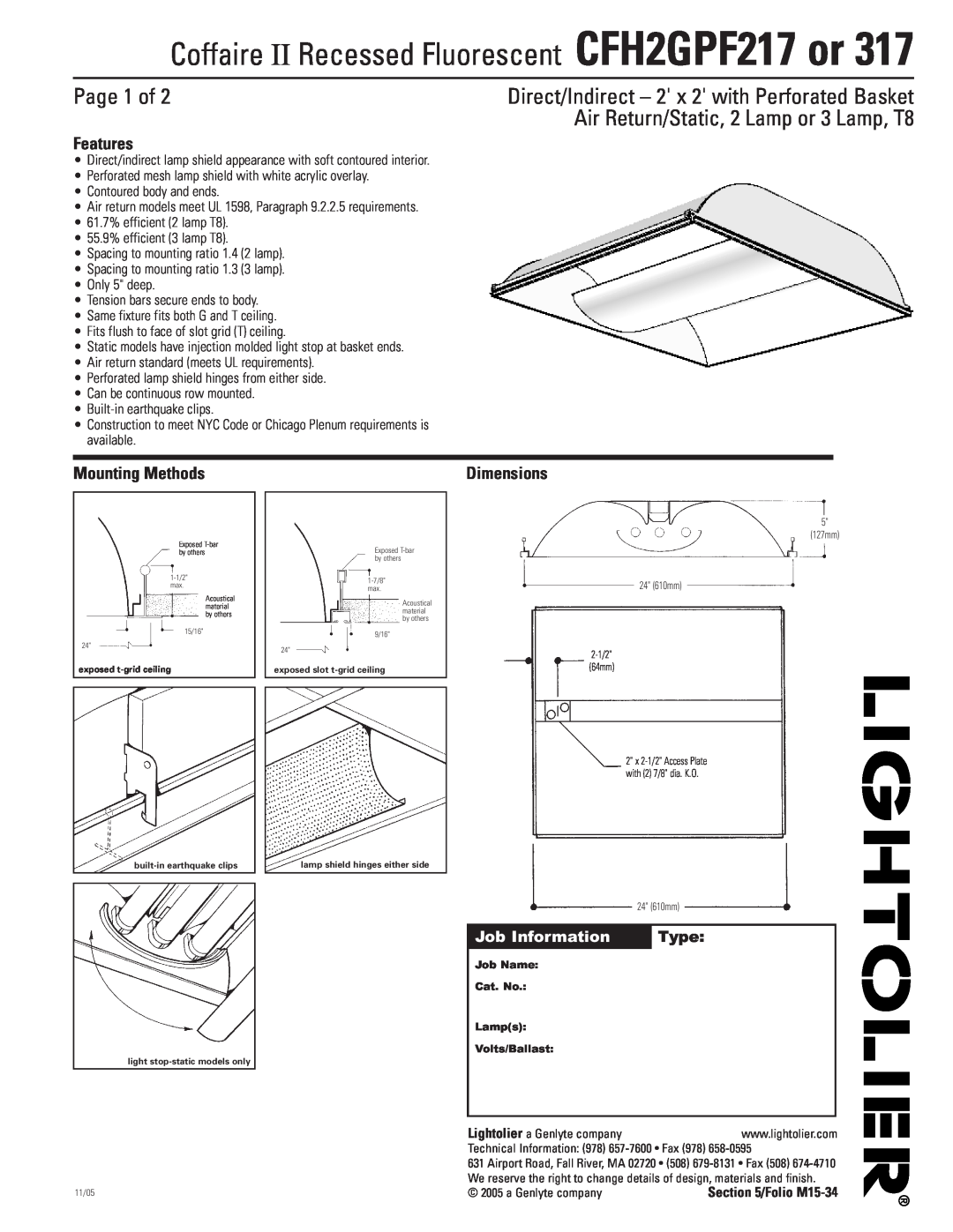 Lightolier CFH2GPF217 or 317 dimensions Coffaire II Recessed Fluorescent CFH2GPF217 or, Page 1 of, Features, Type 