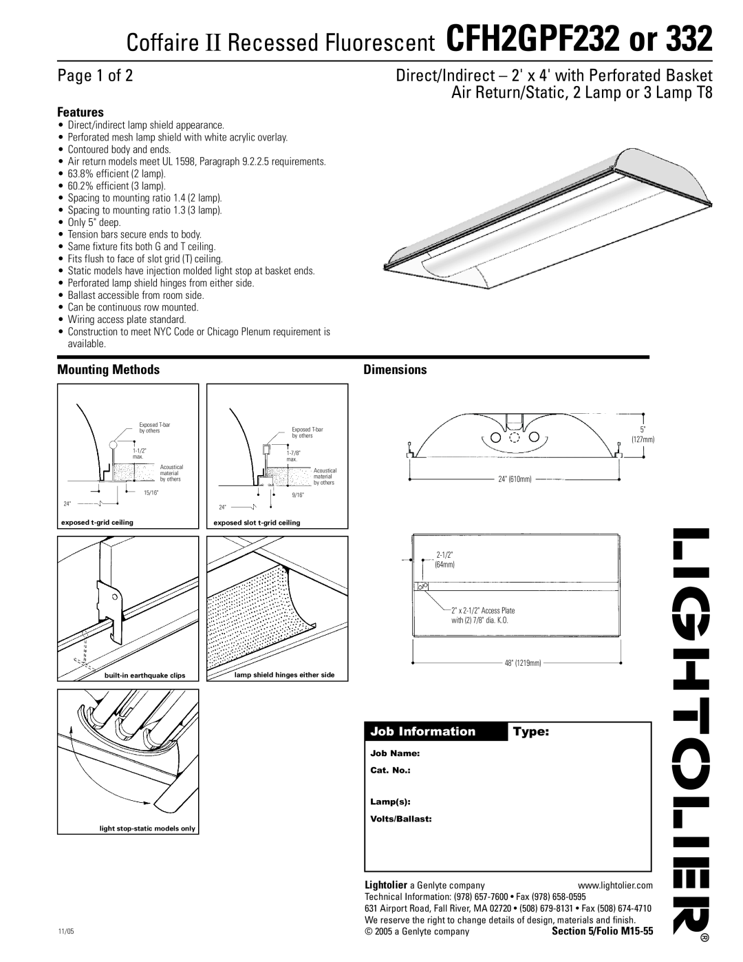 Lightolier dimensions Coffaire II Recessed Fluorescent CFH2GPF232 or, Page 1 of, Features, Mounting Methods, Type 
