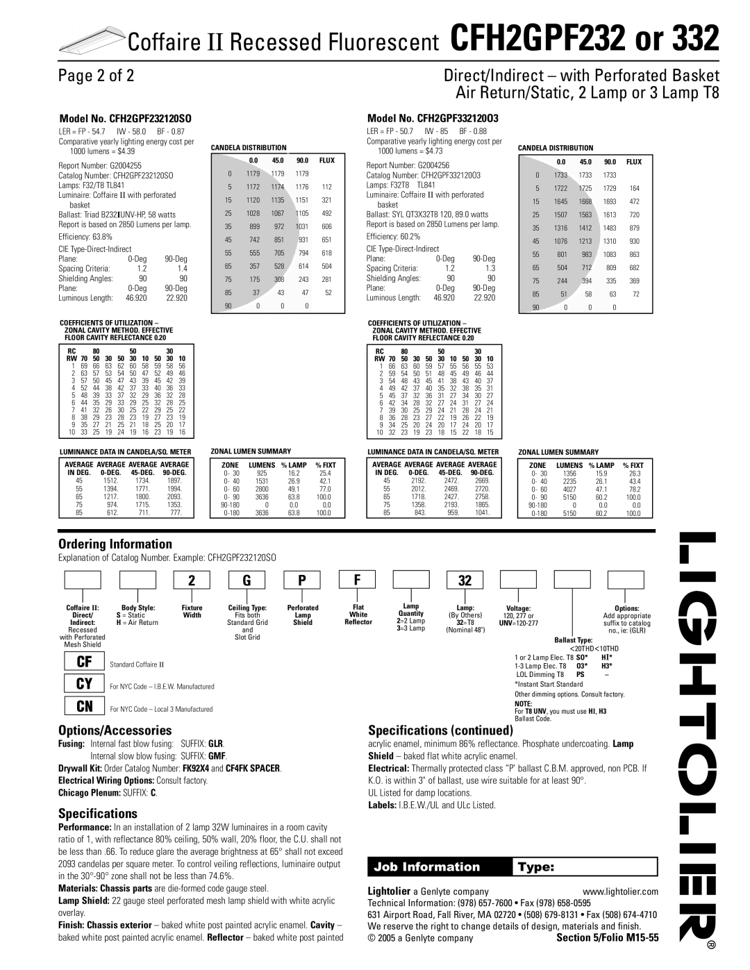 Lightolier CFH2GPF332 Page 2 of, Ordering Information, Options/Accessories, Specifications continued, Folio M15-55 