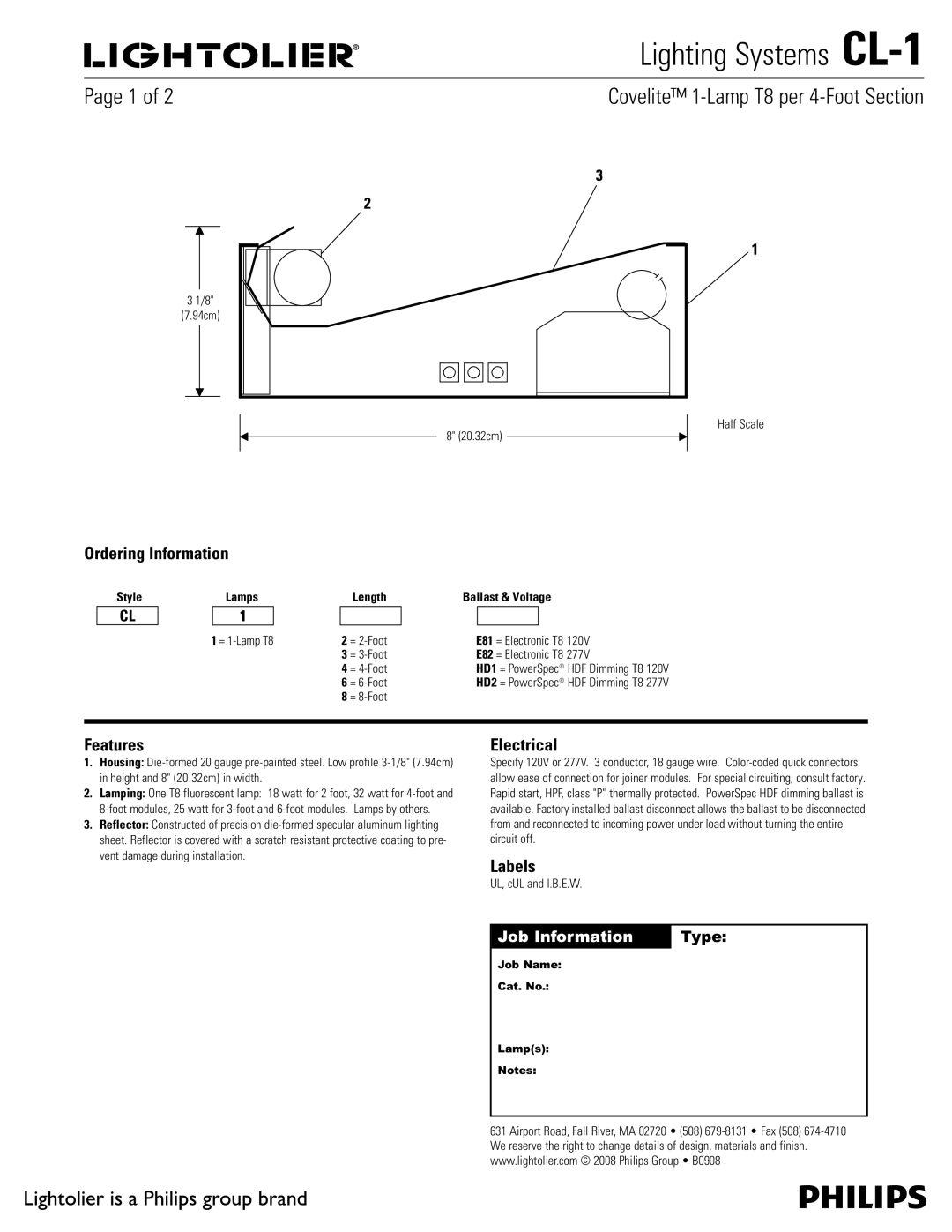 Lightolier CL-1 manual Ordering Information, Features, Electrical, Labels 