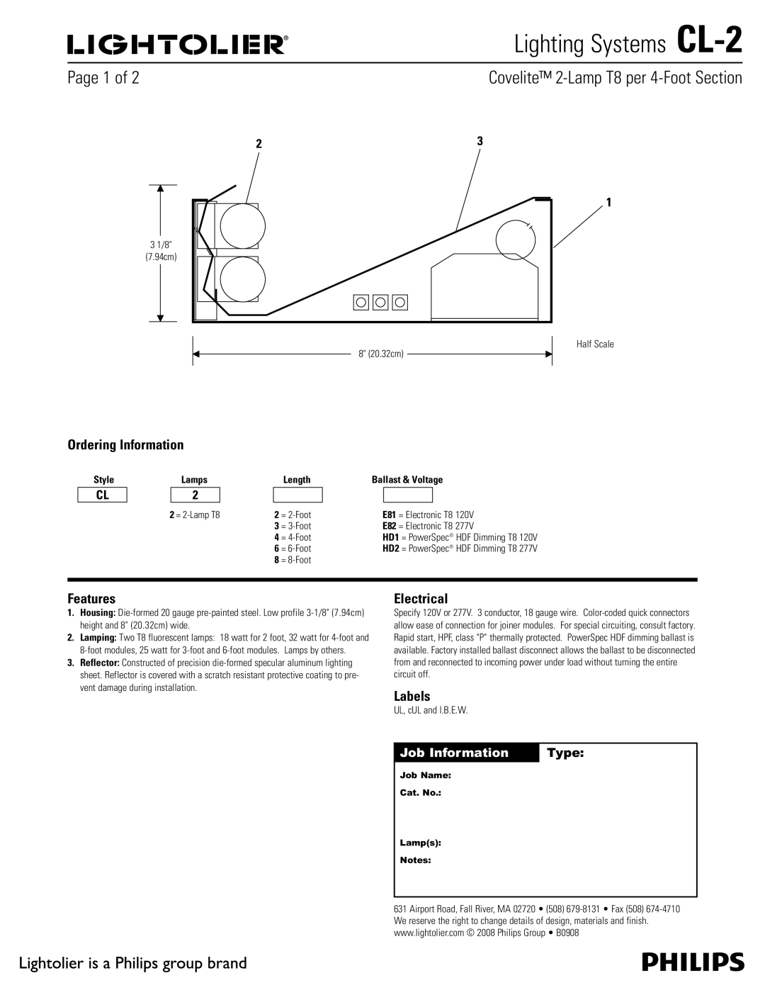 Lightolier CL-2 manual Ordering Information, Features, Electrical, Labels 