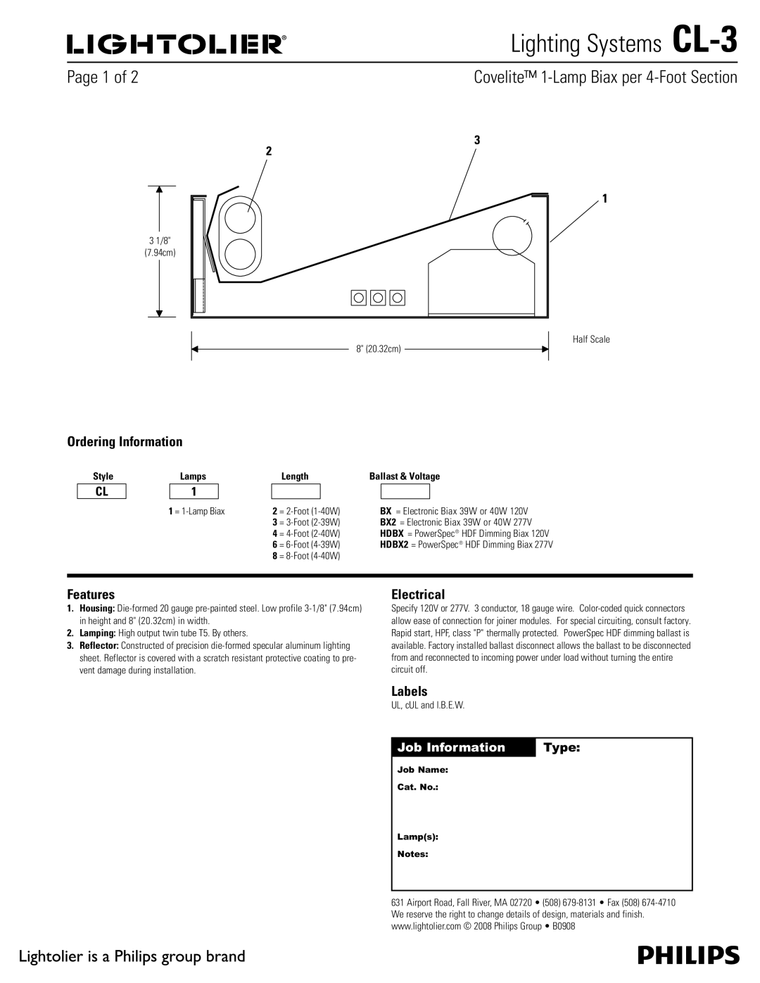 Lightolier CL-3 manual Ordering Information, Features, Electrical, Labels 