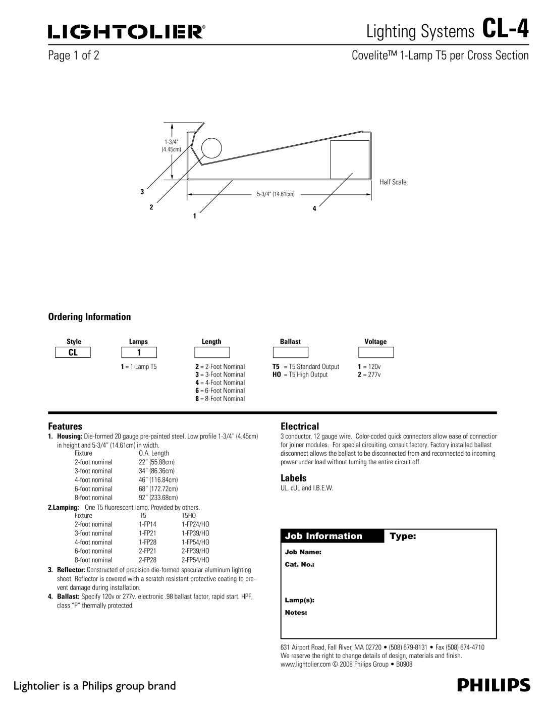 Lightolier CL-4 manual 1BHF PG , Ordering Information, Features, Electrical, Labels 