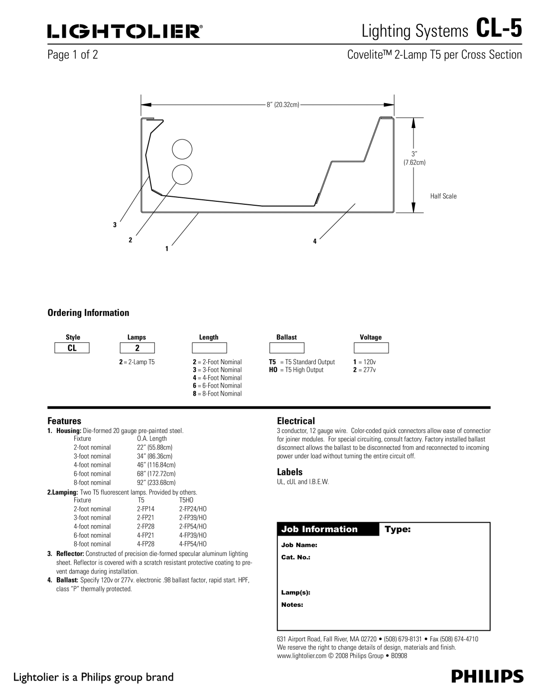 Lightolier CL-5 manual Ordering Information, Features, Electrical, Labels 