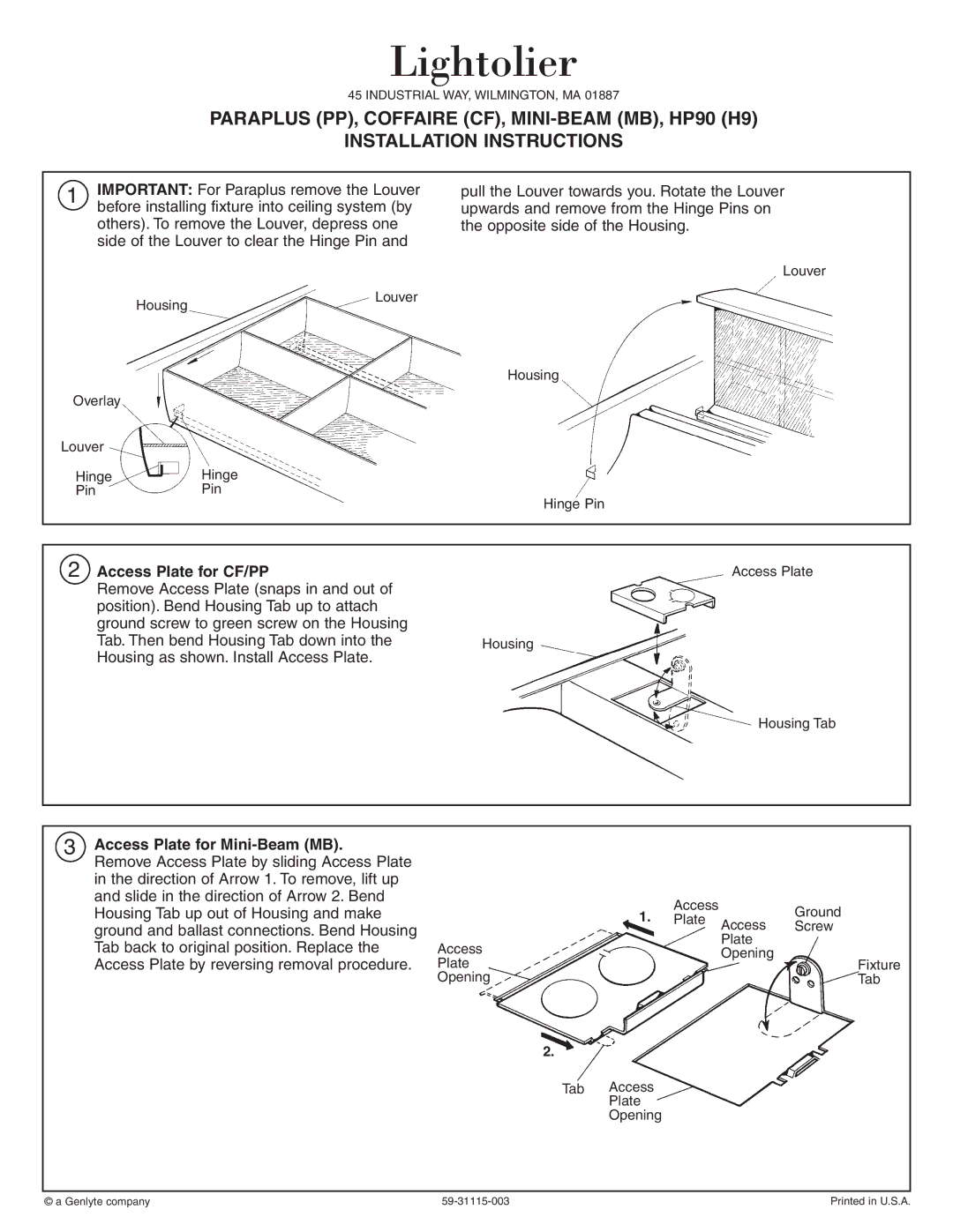 Lightolier HP90 (H9) installation instructions Lightolier, Access Plate for CF/PP, Access Plate for Mini-Beam MB 