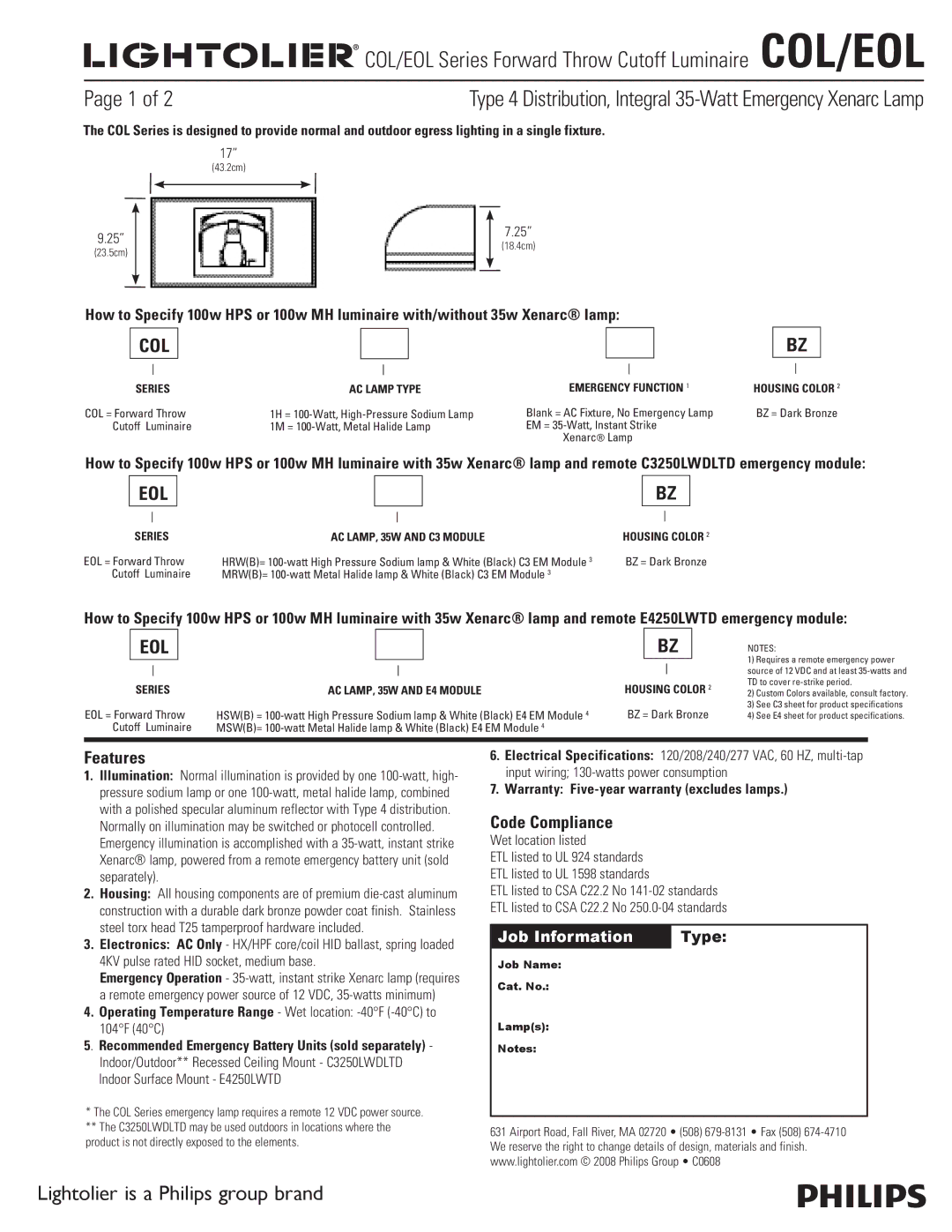 Lightolier COL/EOL specifications Col, Eol, Features, Code Compliance 