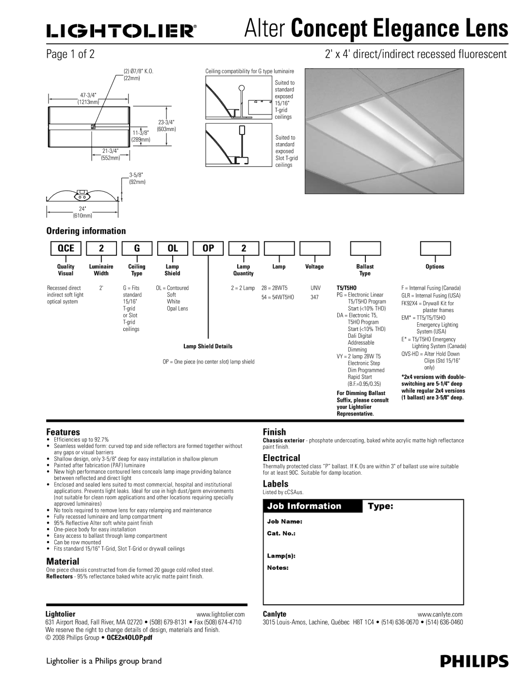 Lightolier Concept Elegance Lens manual Ordering information, Features, Material, Finish, Electrical, Labels 