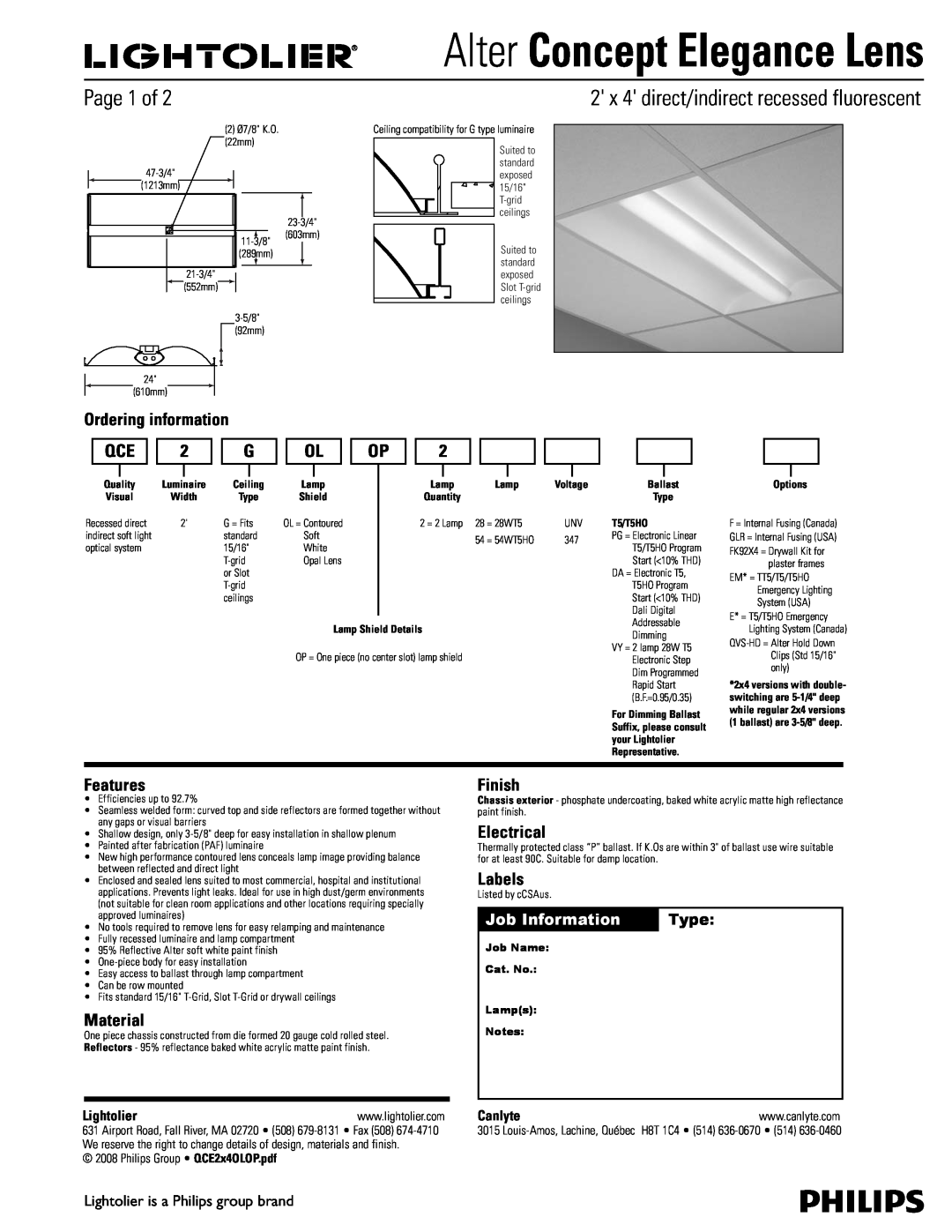 Lightolier manual Alter Concept Elegance Lens, Page 1 of, Ordering information, Features, Material, Finish, Electrical 
