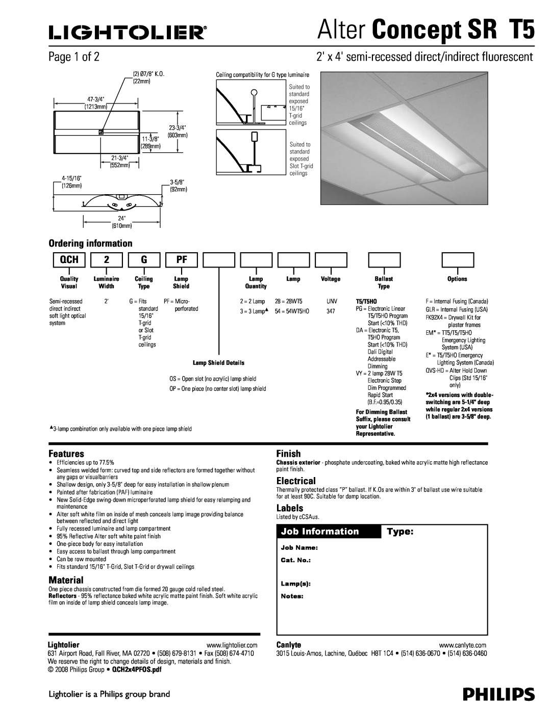 Lightolier Concept SR T5 manual Ordering information, Features, Material, Finish, Electrical, Labels, Job Information 