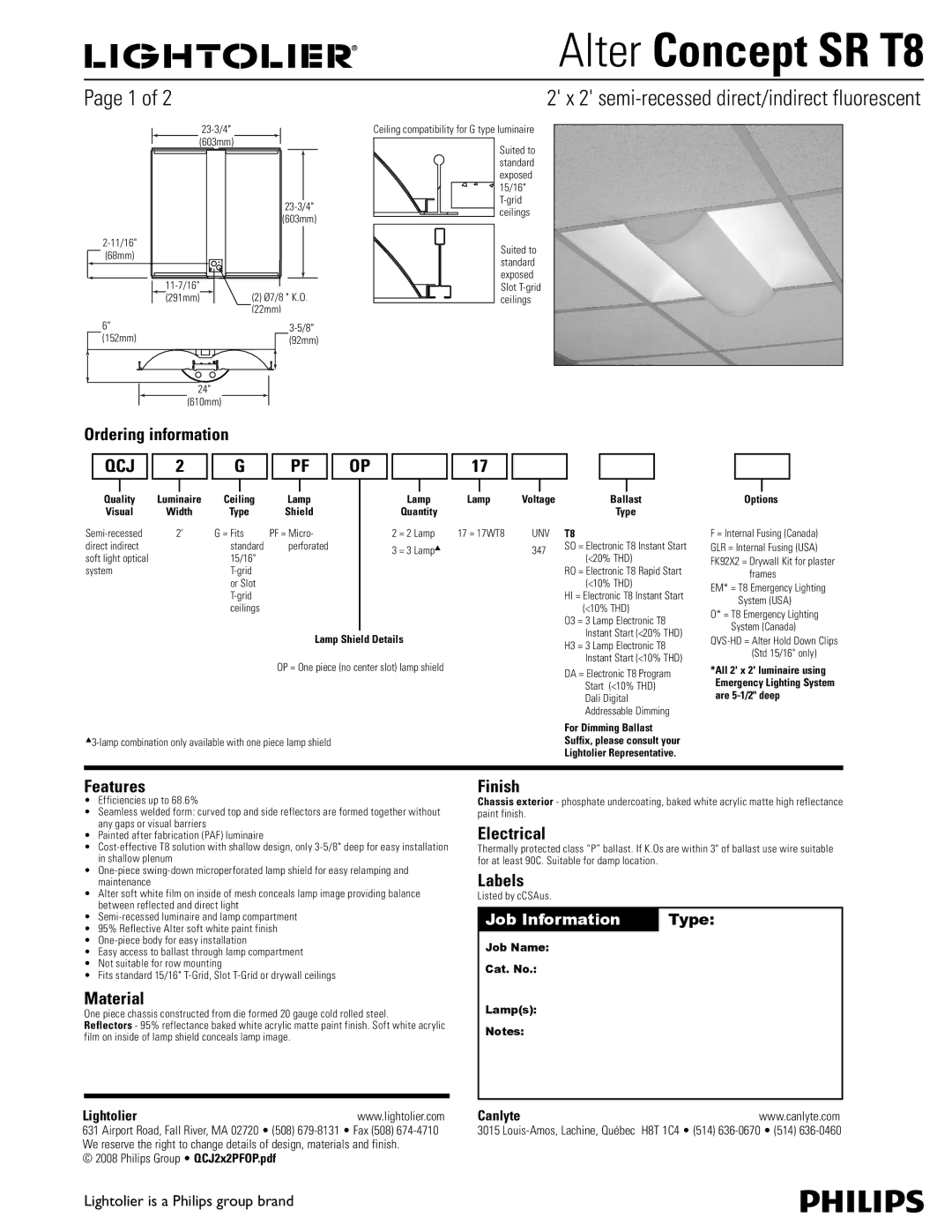 Lightolier Concept SR T8 manual Ordering information, Features, Material, Finish, Electrical, Labels 