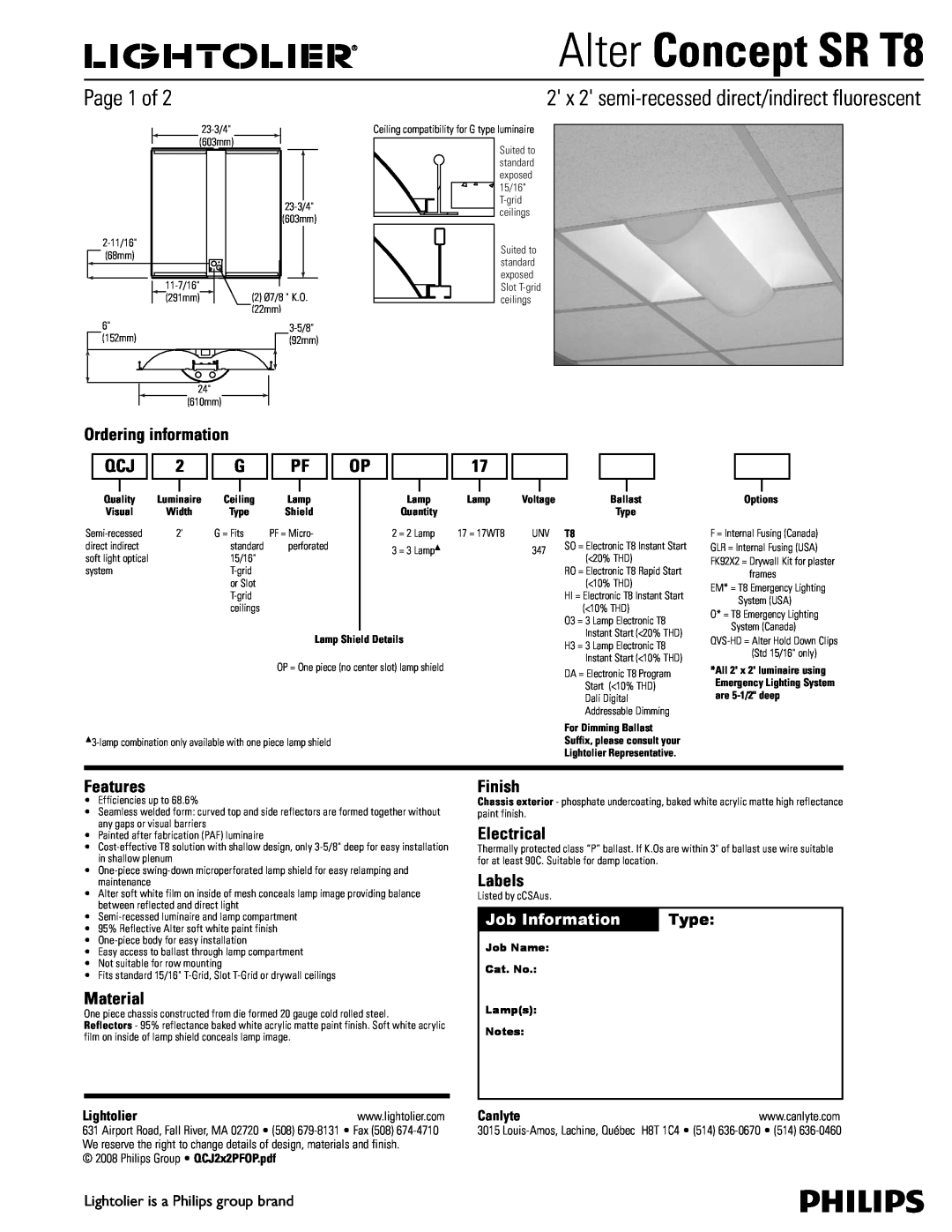 Lightolier manual Alter Concept SR T8, Page 1 of, 2 x 2 semi-recesseddirect/indirect fluorescent, Ordering information 