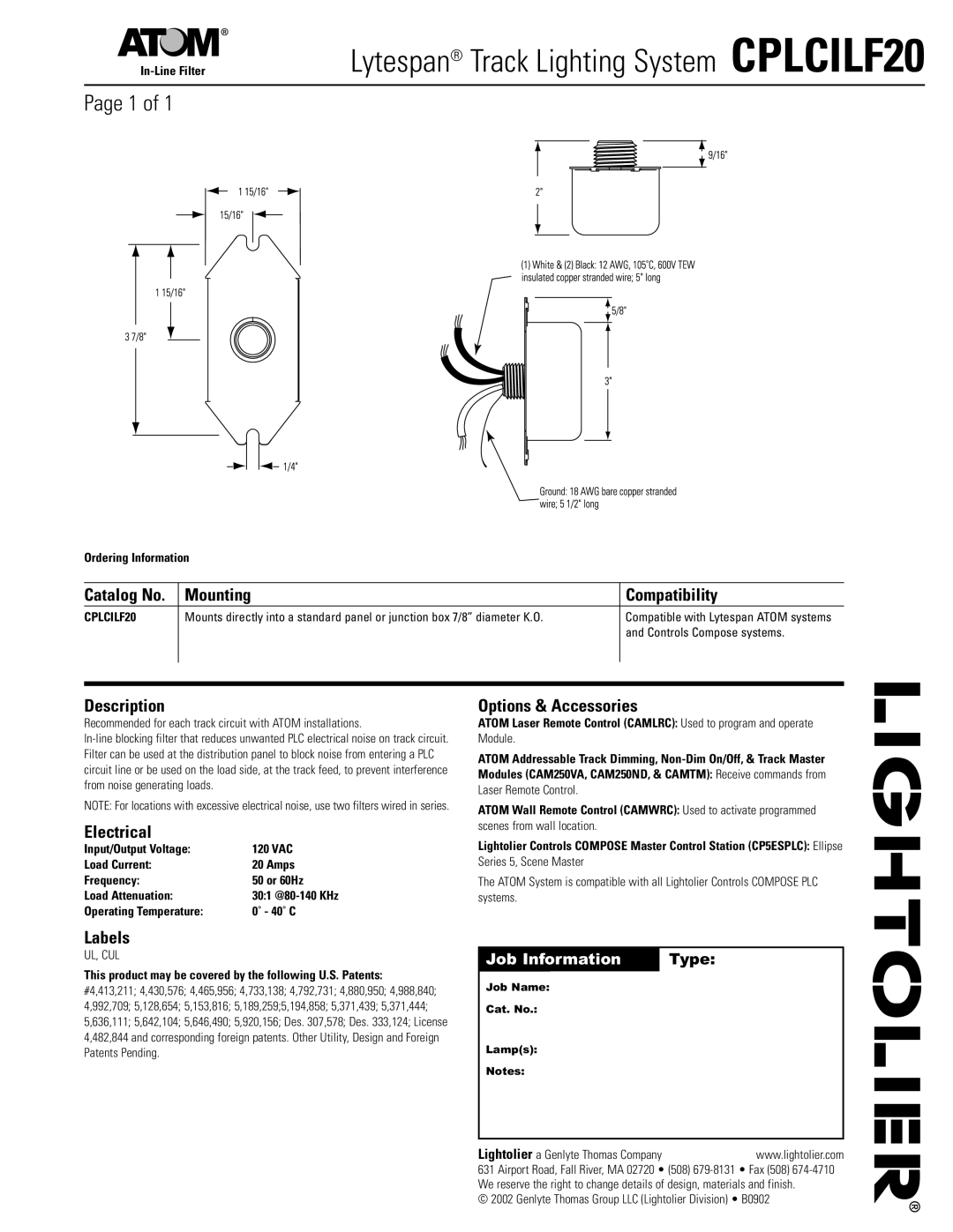 Lightolier manual Lytespan Track Lighting System CPLCILF20 