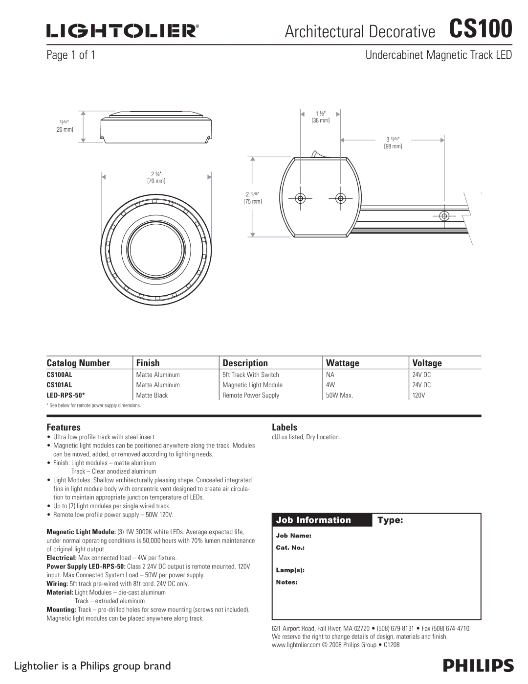 Lightolier dimensions Architectural Decorative CS100, Undercabinet Magnetic Track LED, Features, Labels 