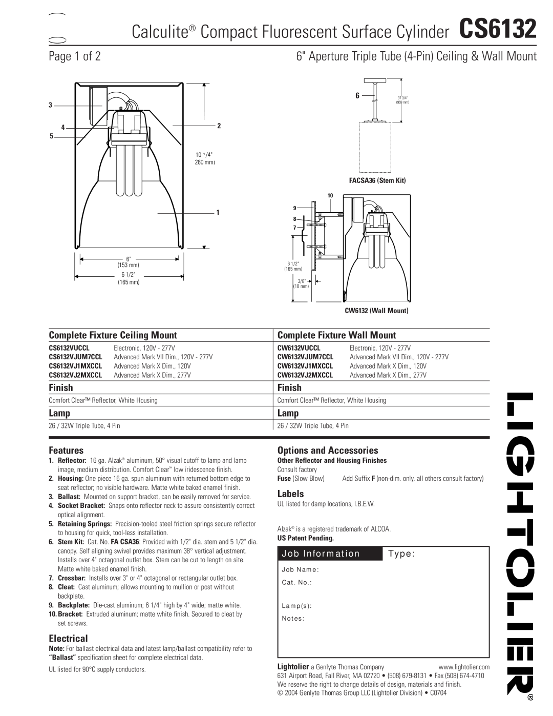 Lightolier CS6132 specifications Page 1 of, Aperture Triple Tube 4-PinCeiling & Wall Mount 