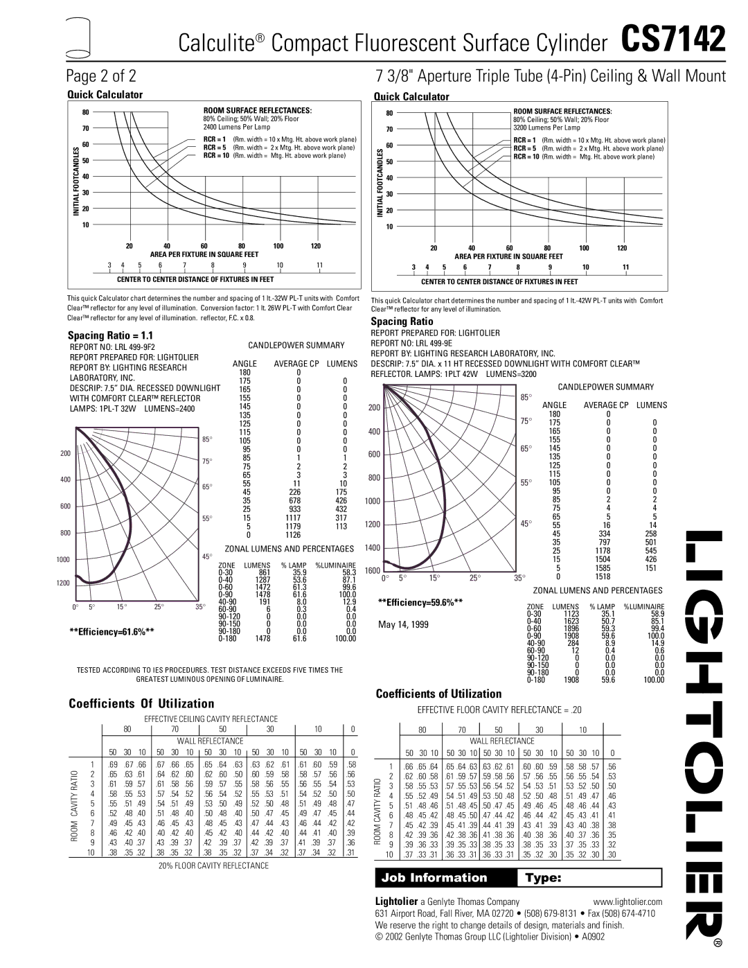 Lightolier specifications Calculite Compact Fluorescent Surface Cylinder CS7142 