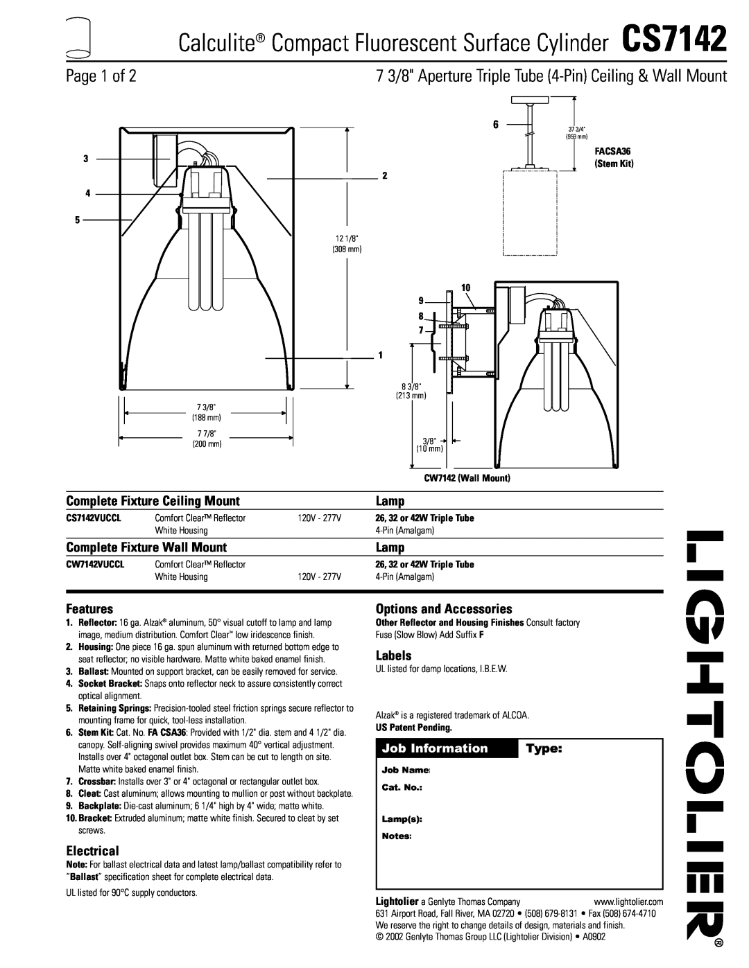 Lightolier CS7142 specifications Page 1 of, Job Information, Type, Complete Fixture Ceiling Mount, Lamp, Features, Labels 