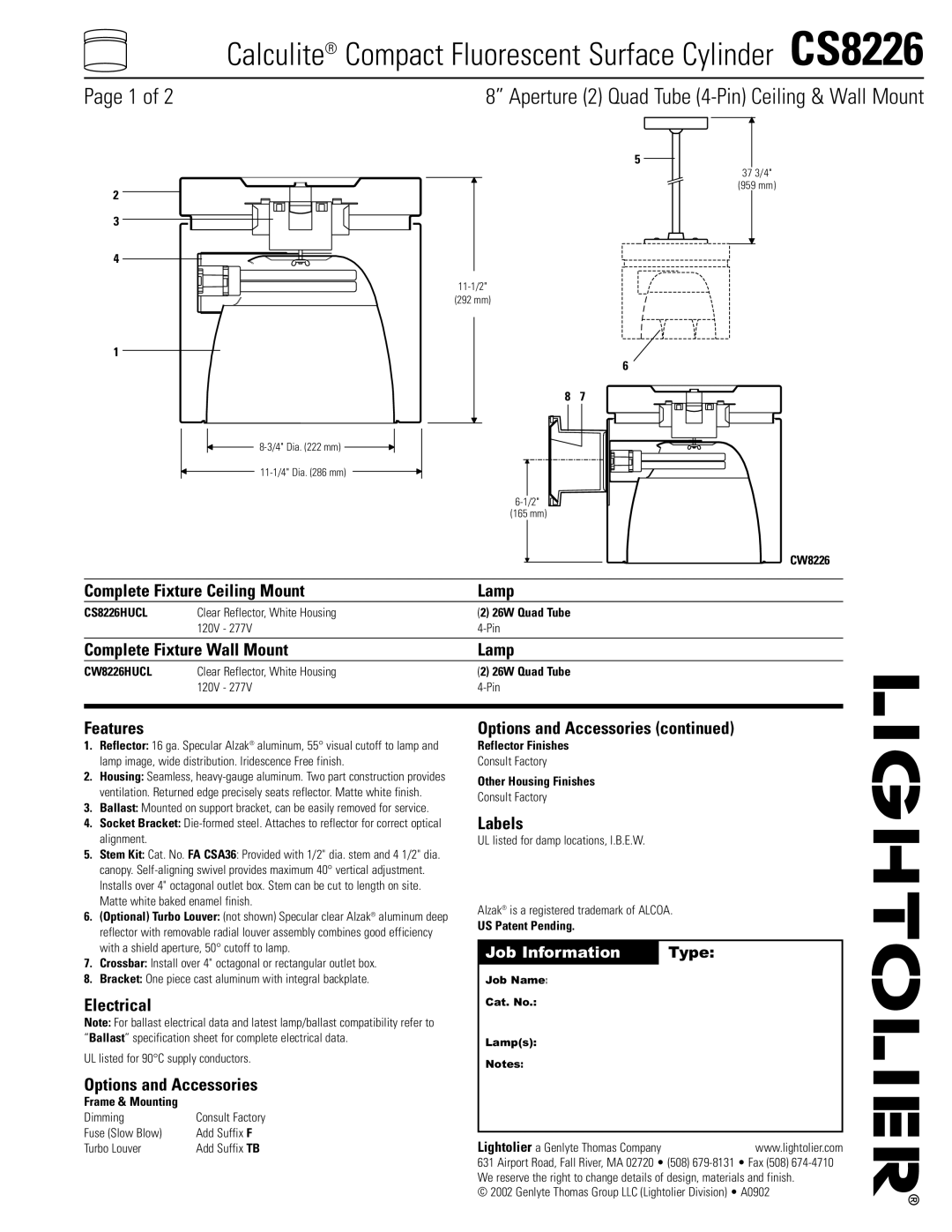 Lightolier specifications Calculite Compact Fluorescent Surface Cylinder CS8226 
