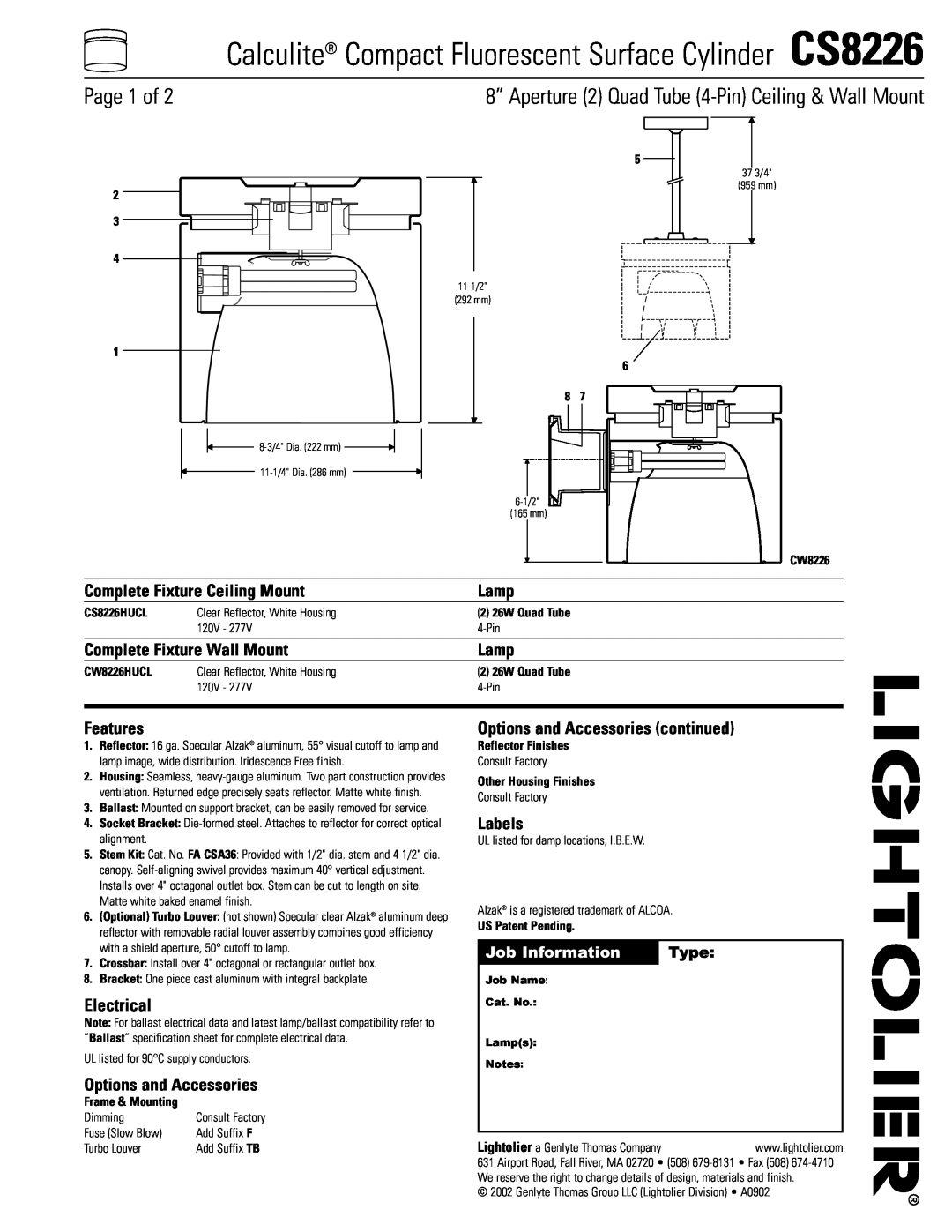 Lightolier CS8226 specifications Page 1 of, 8” Aperture 2 Quad Tube 4-PinCeiling & Wall Mount, Job Information, Type, Lamp 