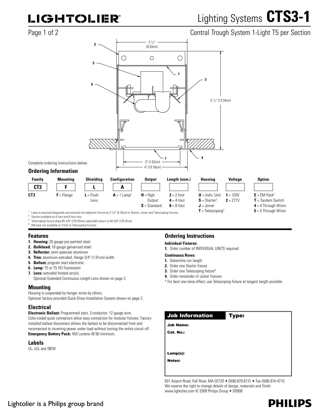 Lightolier CTS3-1 manual Ordering Information, Features, Mounting, Electrical, Labels, Ordering Instructions 