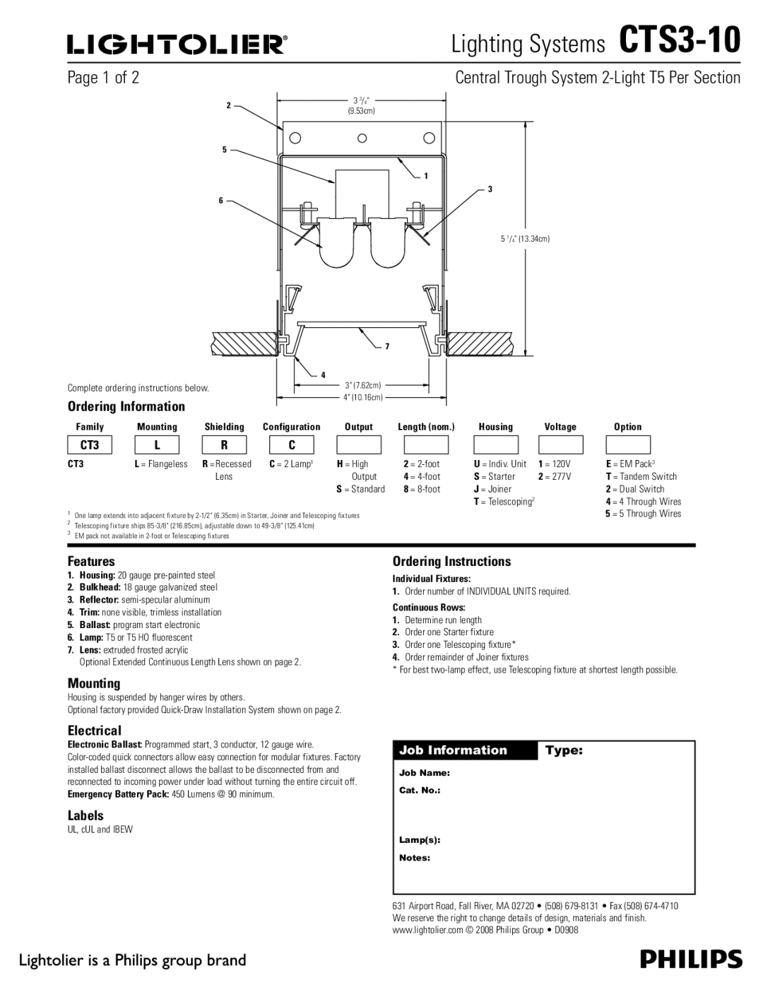 Lightolier CTS3-10 manual Features, Mounting, Electrical, Labels, Ordering Instructions 