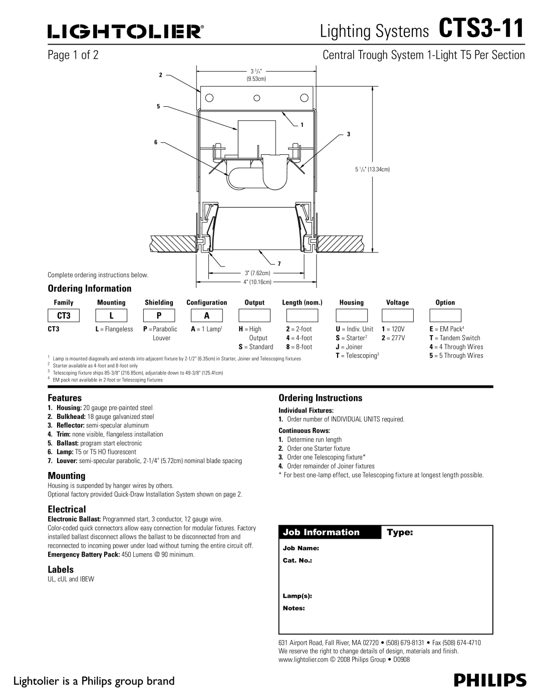 Lightolier CTS3-11 manual Ordering Information, Features, Mounting, Electrical, Labels, Ordering Instructions 