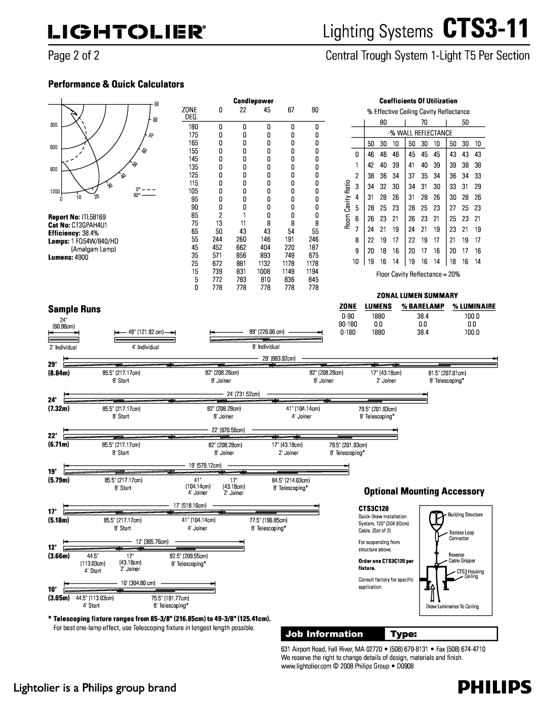 Lightolier 1BHFPG, Performance & Quick Calculators, Sample Runs, Lighting Systems CTS3-11, Job Information, Type 