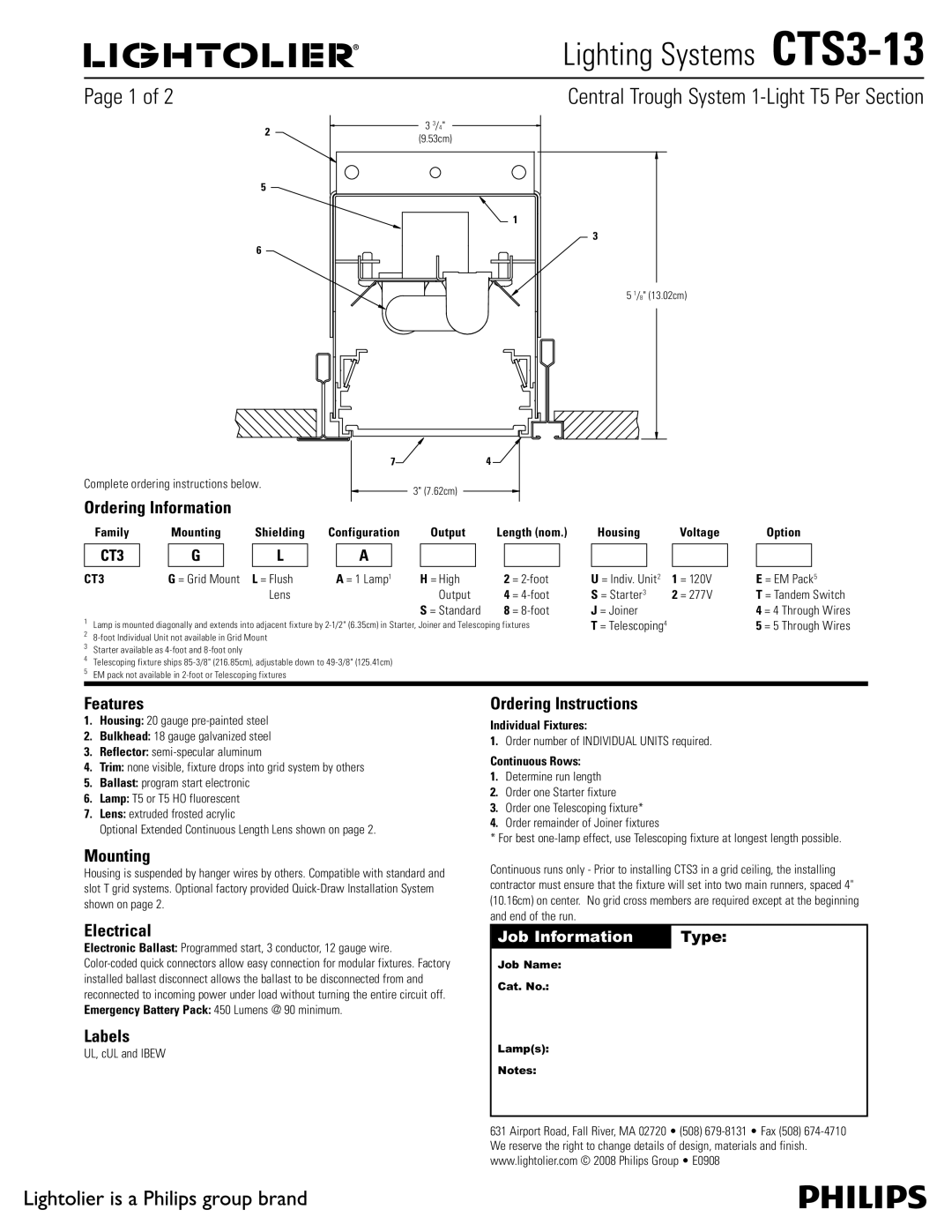 Lightolier CTS3-13 manual Ordering Information, Features, Mounting, Ordering Instructions, Electrical, Labels 