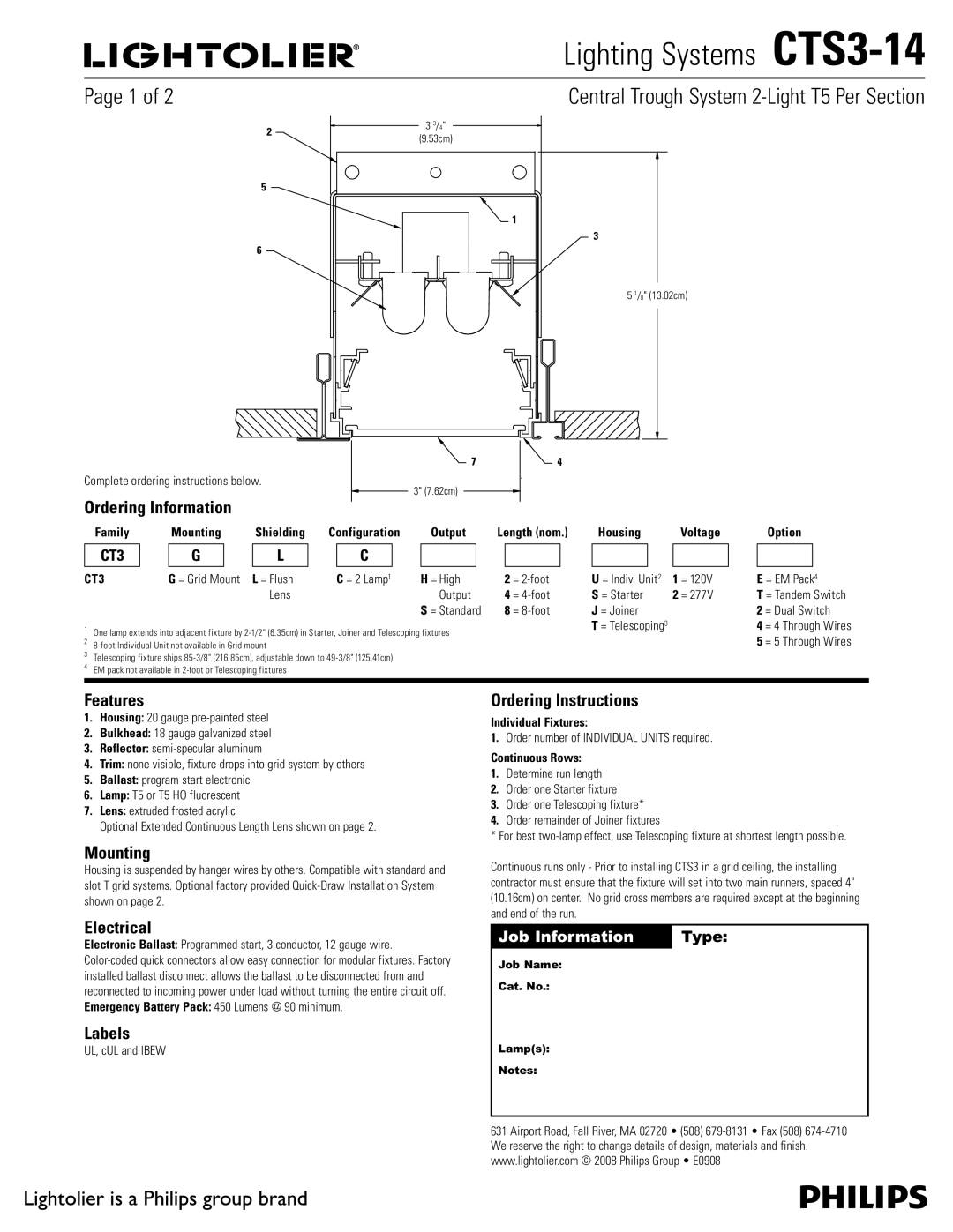 Lightolier CTS3-14 manual Ordering Information, Features, Mounting, Ordering Instructions, Electrical, Labels 