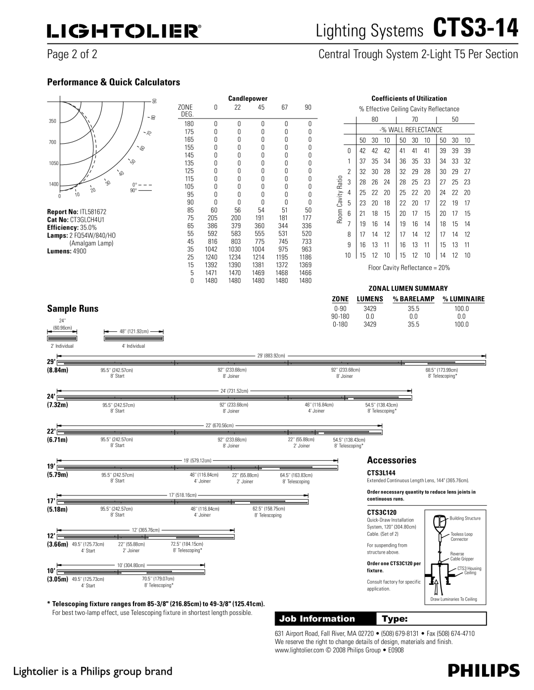 Lightolier CTS3-14 manual Performance & Quick Calculators, Sample Runs, Accessories 