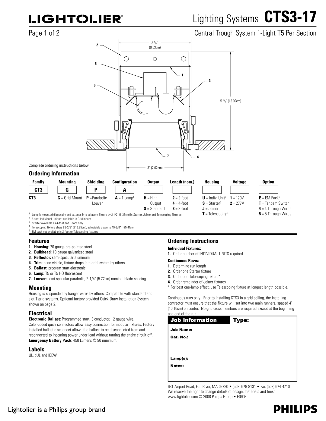 Lightolier CTS3-17 manual Ordering Information, Features, Mounting, Electrical, Labels, Ordering Instructions 