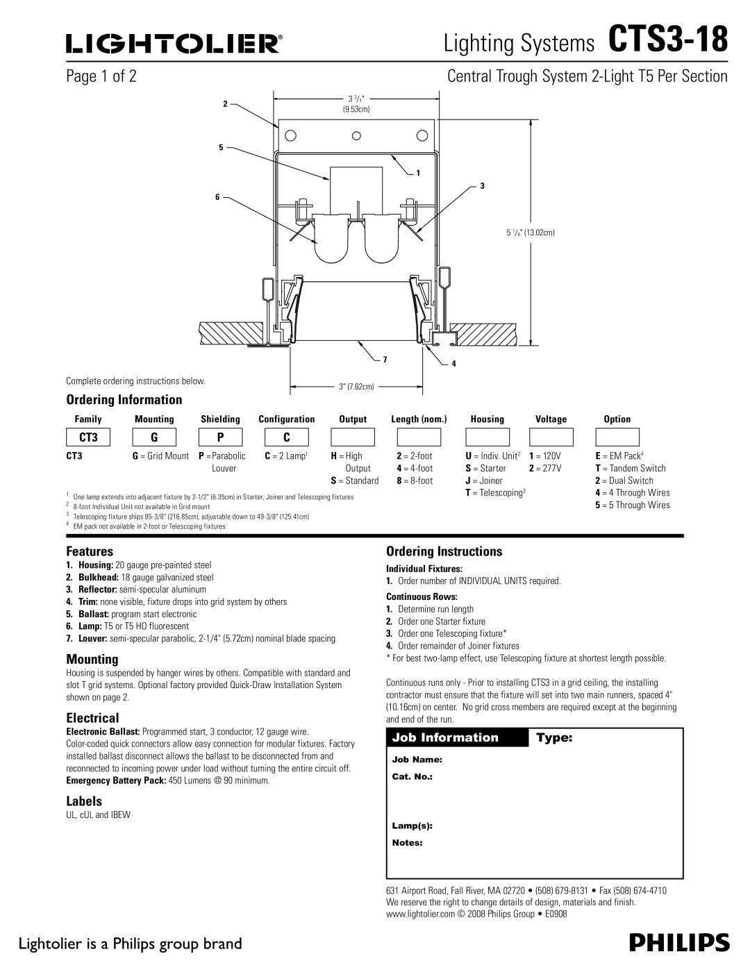 Lightolier CTS3-18 manual Ordering Information, Features, Mounting, Electrical, Labels, Ordering Instructions 