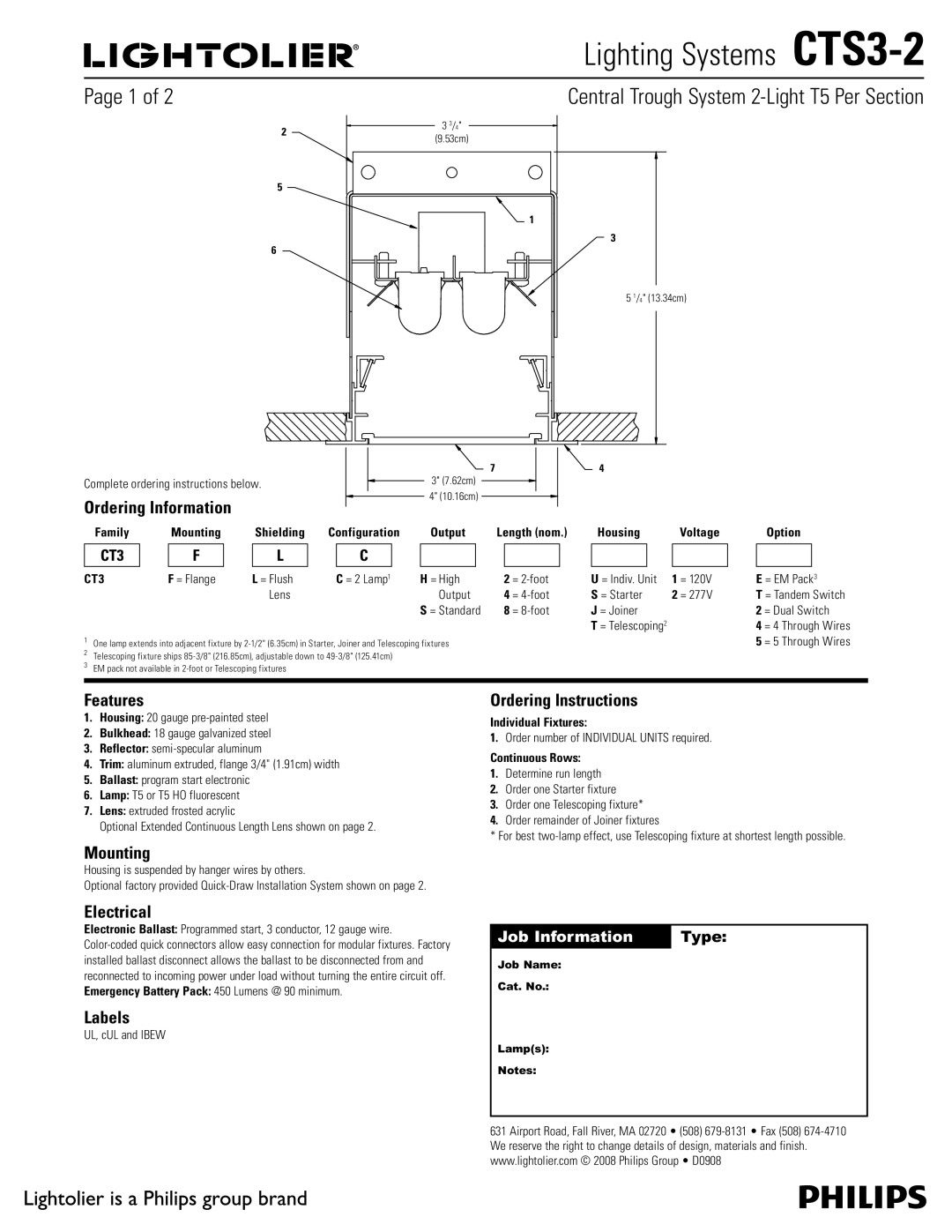 Lightolier CTS3-2 manual Features, Mounting, Electrical, Labels, Ordering Instructions 