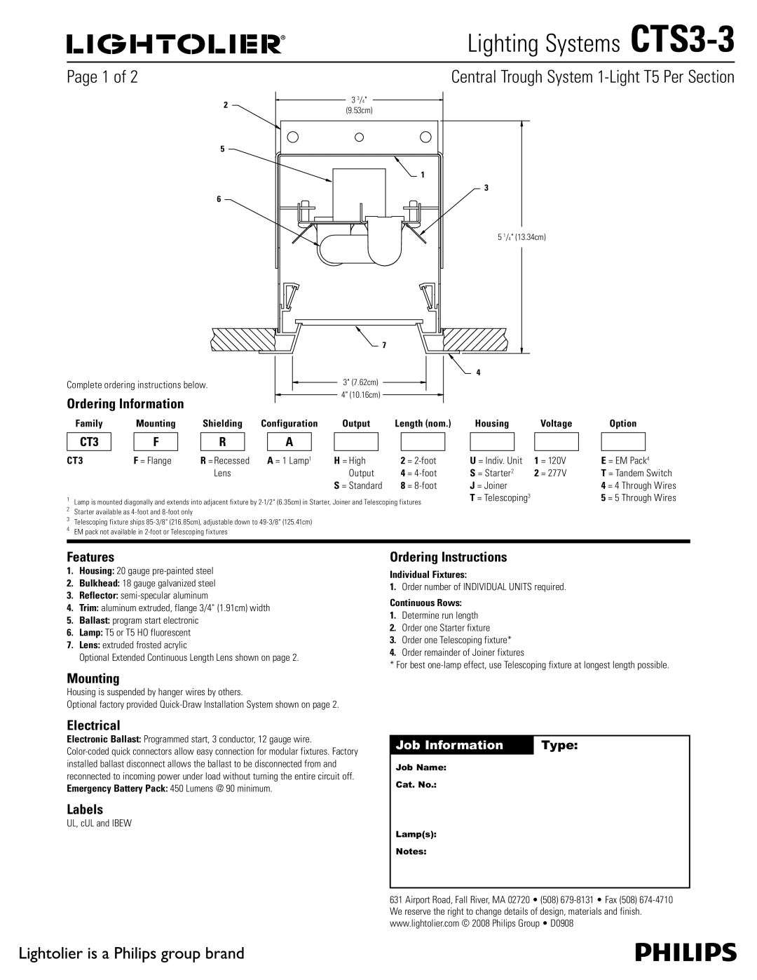 Lightolier CTS3-3 manual Ordering Information, Features, Mounting, Electrical, Labels, Ordering Instructions 