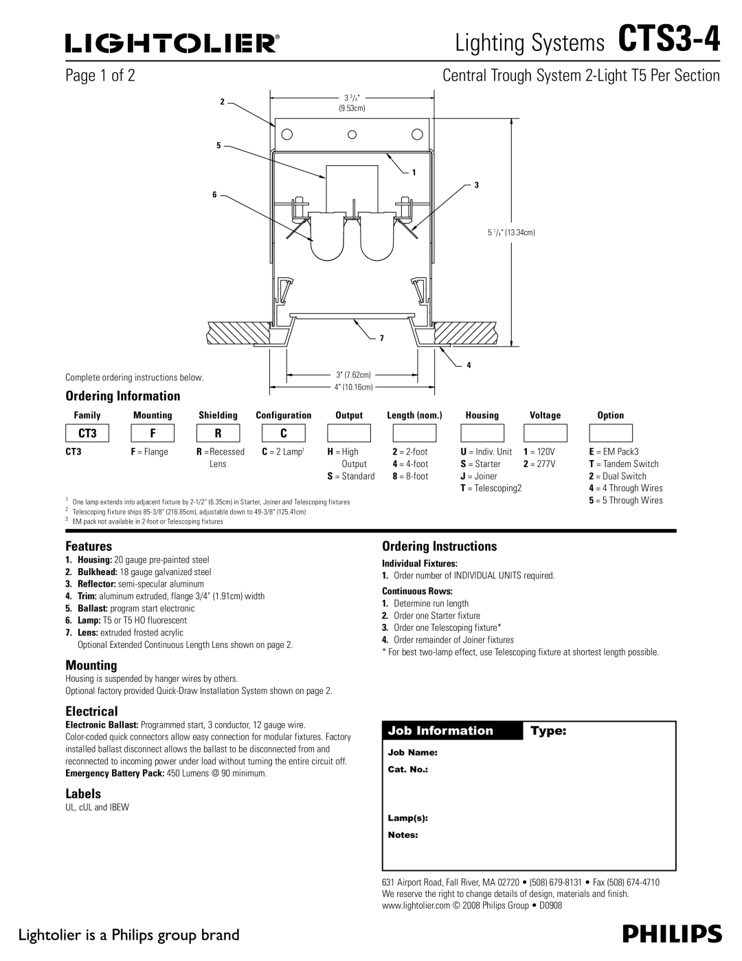 Lightolier CTS3-4 manual Features, Mounting, Electrical, Labels, Ordering Instructions 