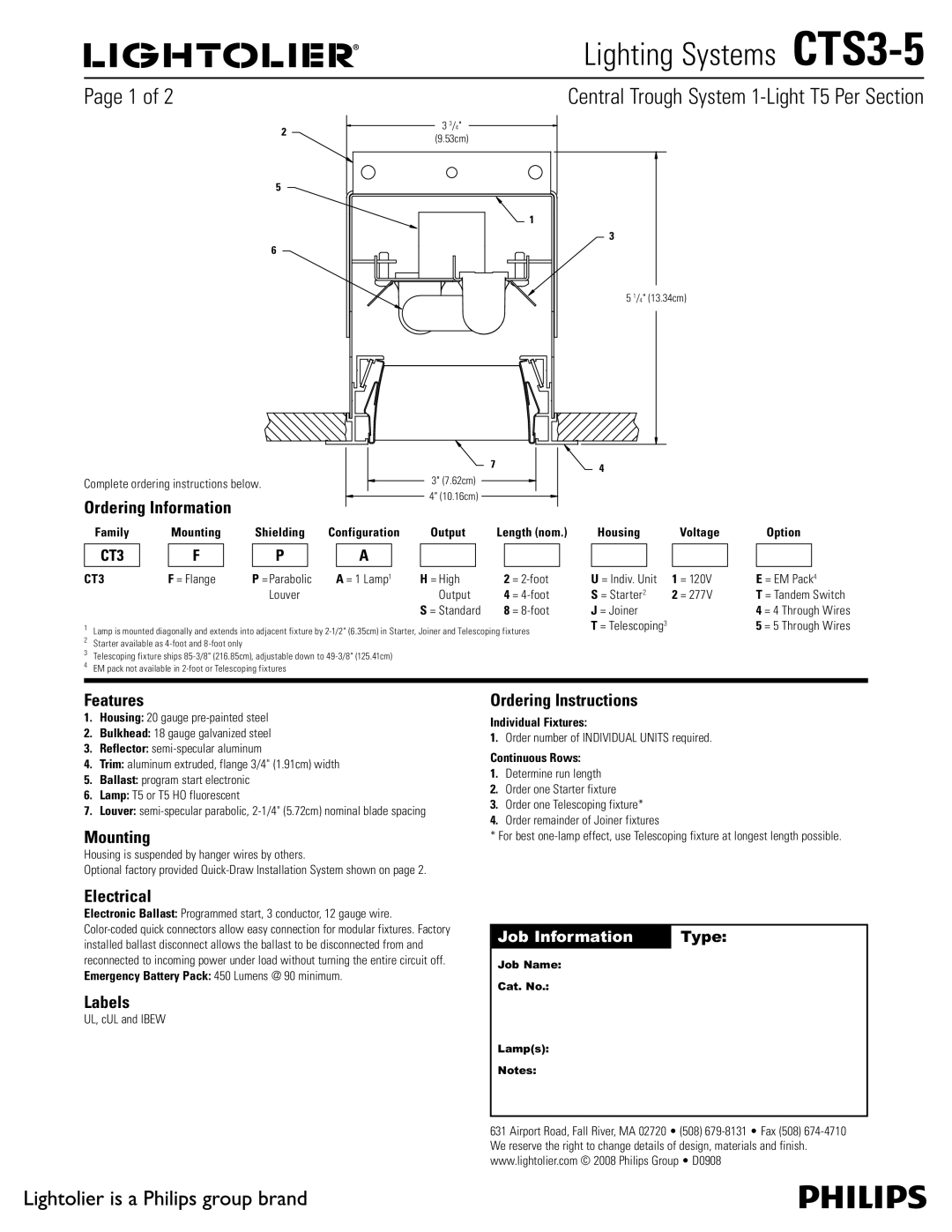 Lightolier CTS3-5 manual Ordering Information, Features, Mounting, Electrical, Labels, Ordering Instructions 