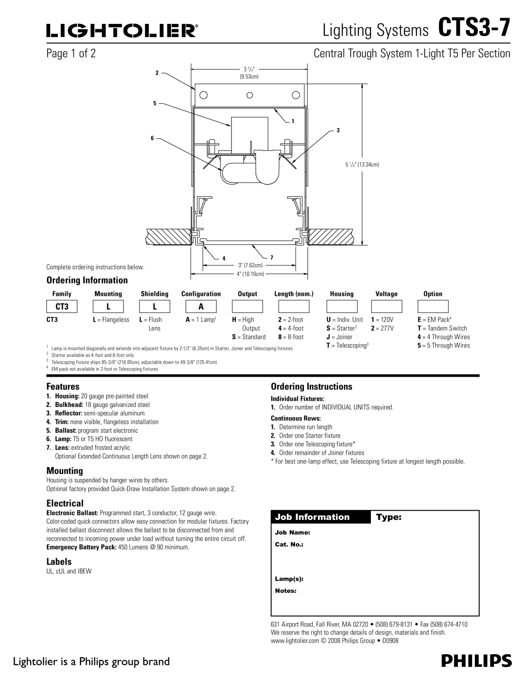 Lightolier CTS3-7 manual Ordering Information, Features, Mounting, Electrical, Labels, Ordering Instructions 